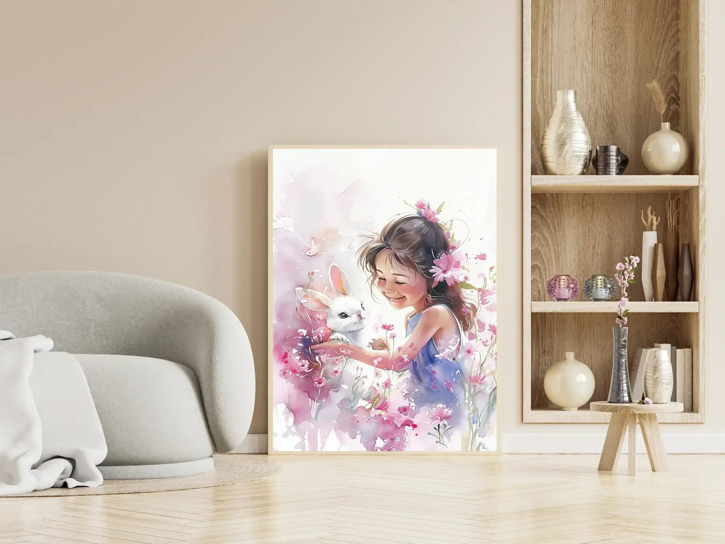 Blomsterpiken kunstverk med jente og kanin i fargerik blomsterdekorasjon – moderne veggkunst | KBentz.no