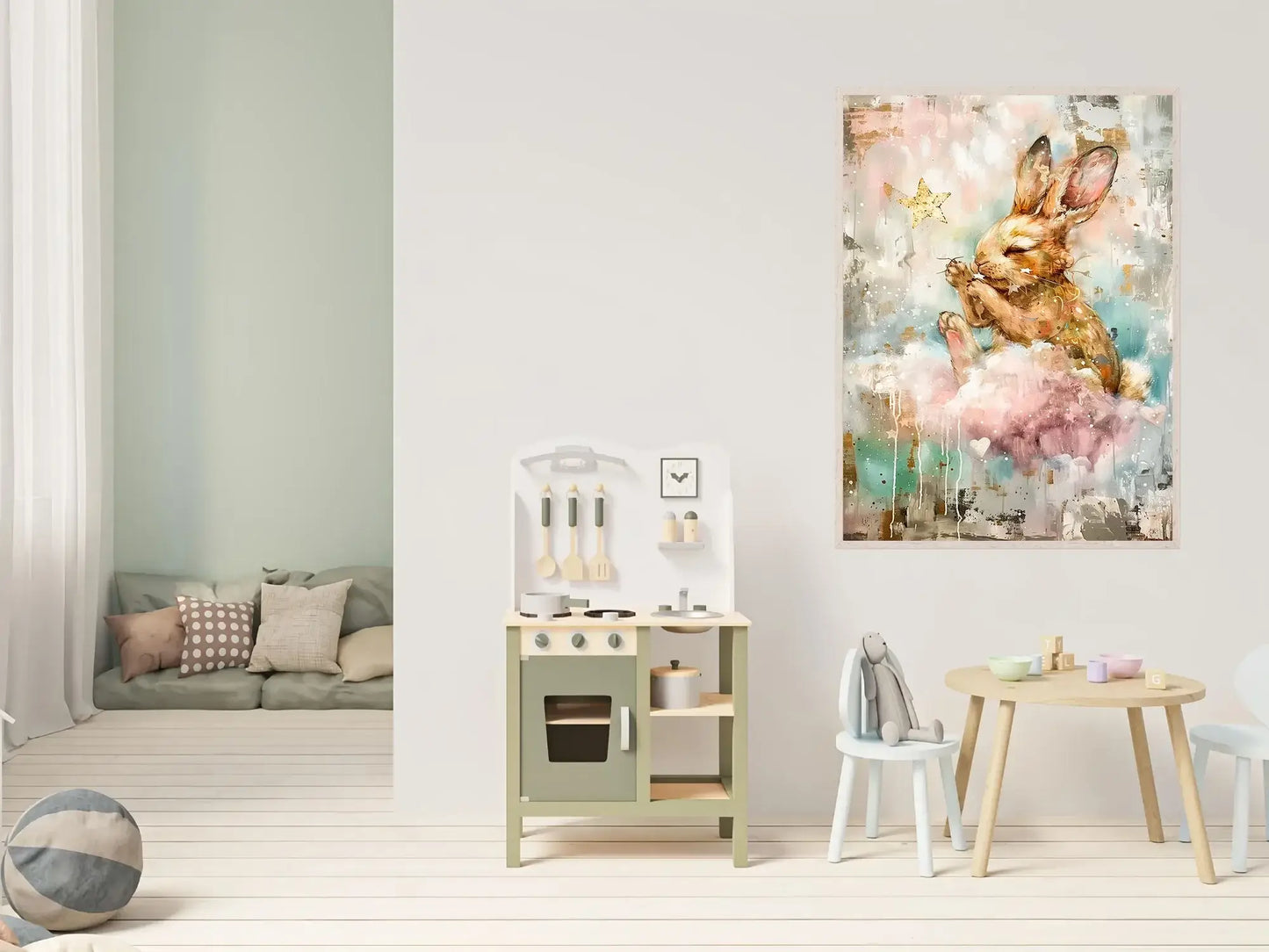 Drømmekanin i Pastell kunstverk i et barnerom med pasteltoner og myke detaljer. – moderne veggkunst | KBentz.no