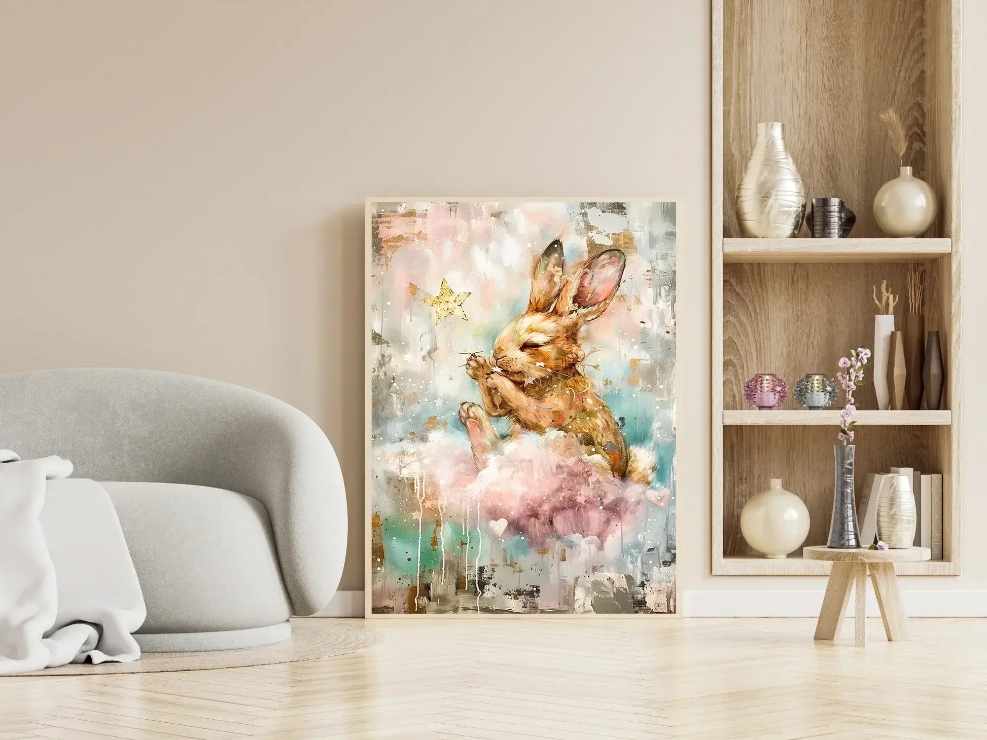 Drømmekanin i Pastell - et kunstverk med en søt kanin på en sky i sarte pastellfarger.