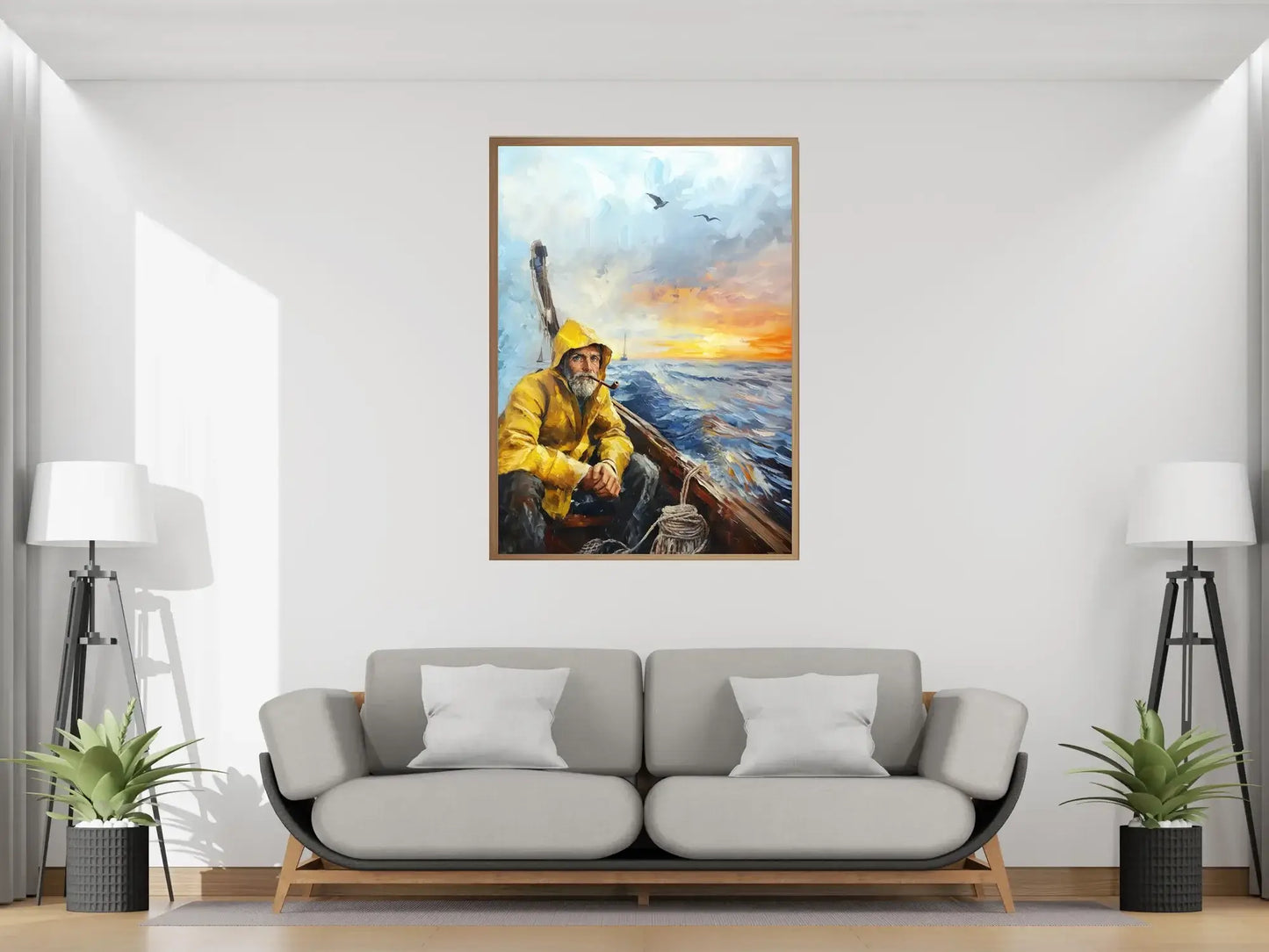 En dag på havet - maleri av en værbitt fisker i båt, omgitt av hav og lysende himmel. – moderne veggkunst | KBentz.no