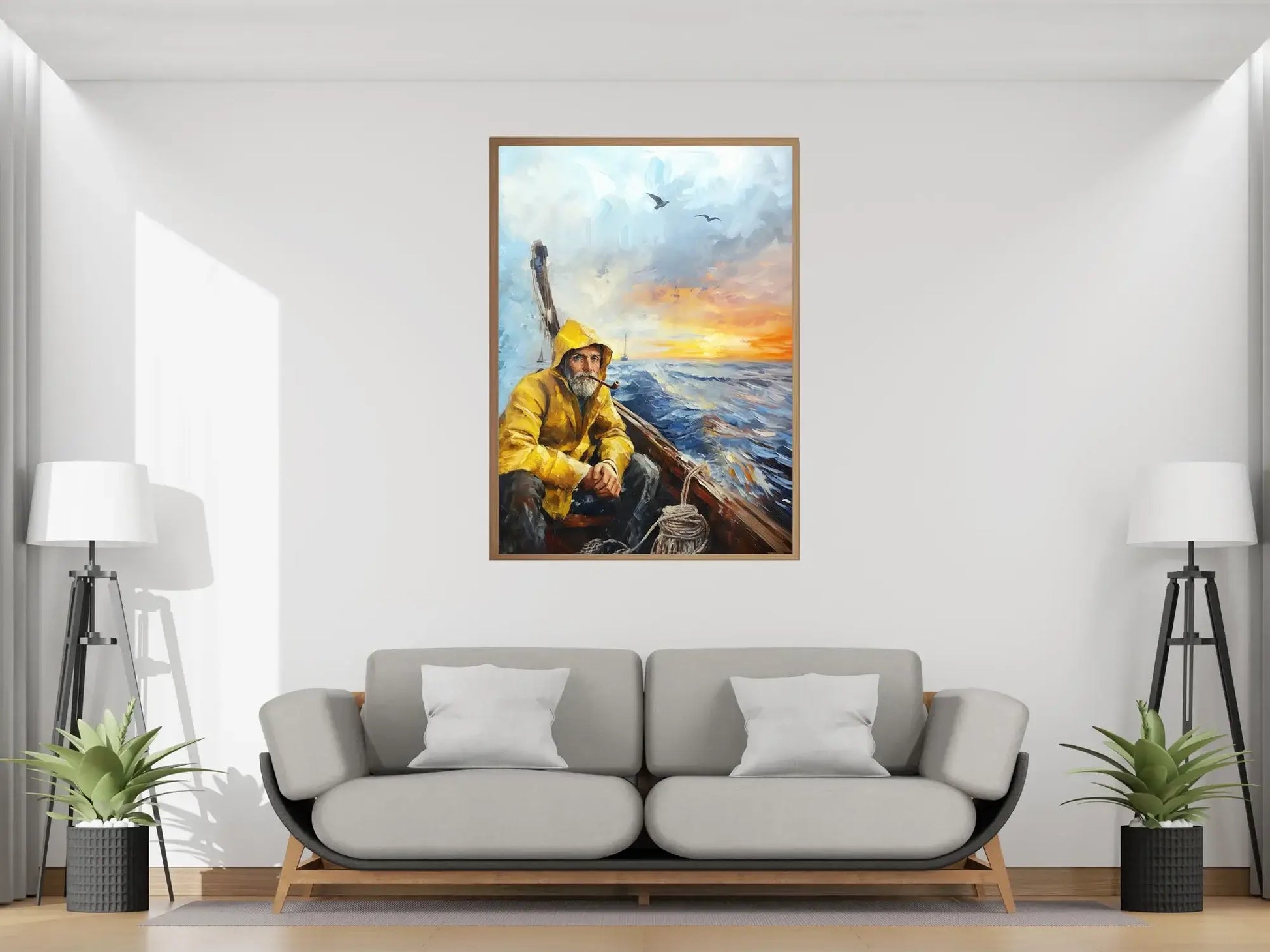 En dag på havet - maleri av en værbitt fisker i båt, omgitt av hav og lysende himmel.