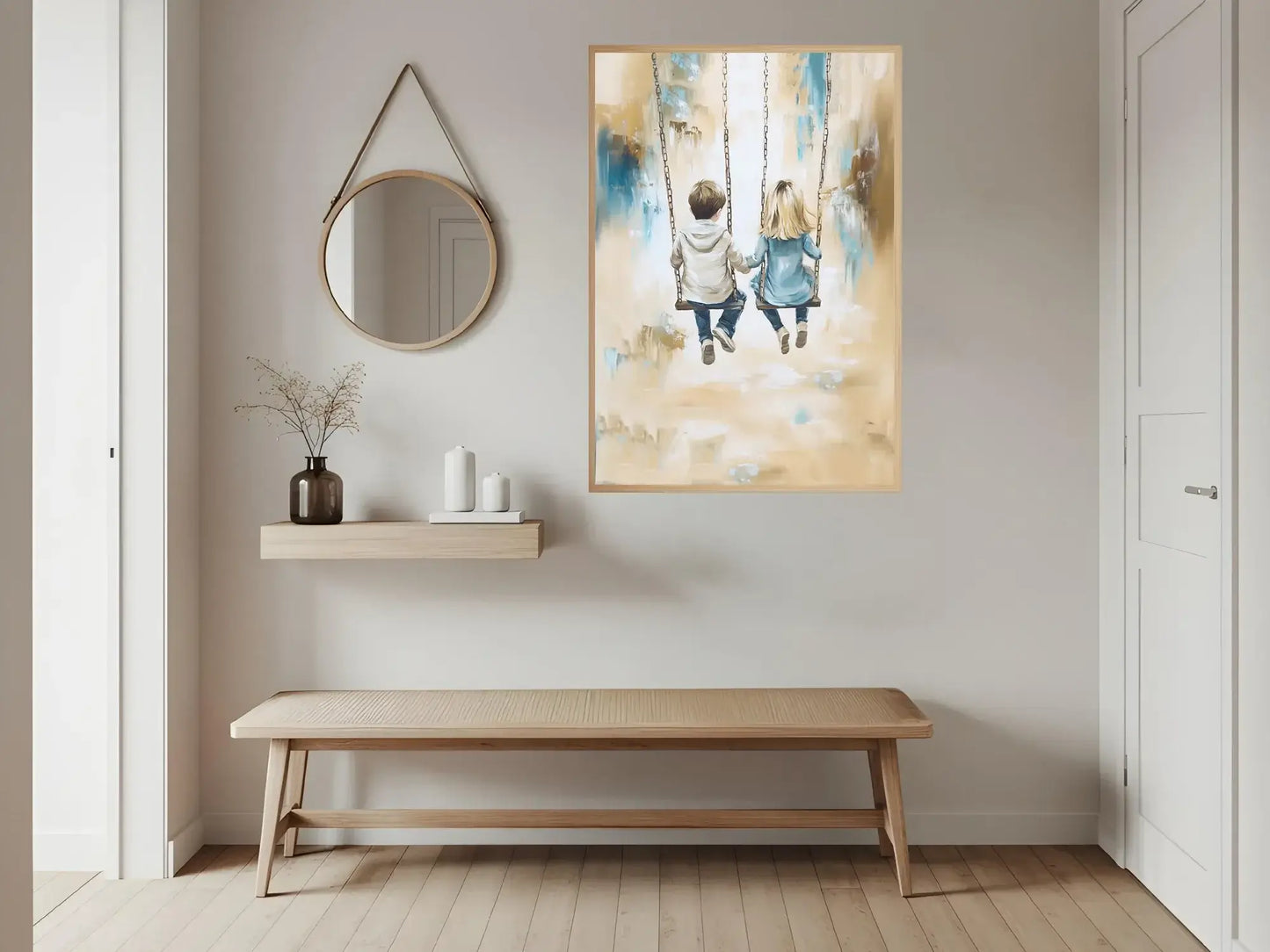 Et bånd i bevegelse - to barn på huske i en moderne stue, symboliserer fellesskap og tillit. – moderne veggkunst | KBentz.no