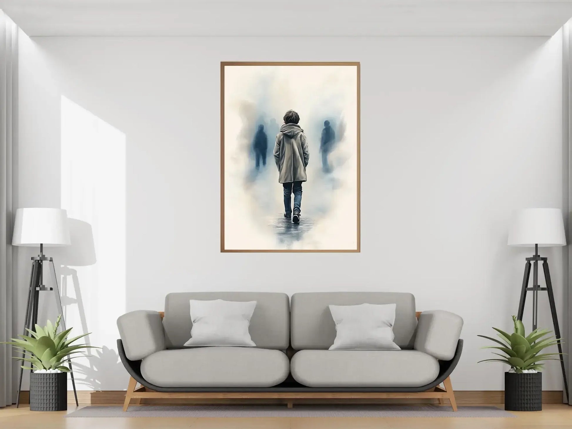 Et steg mot vennskap - kunstverk som viser en figur som går mot uklare skikkelser i et rolig rom.