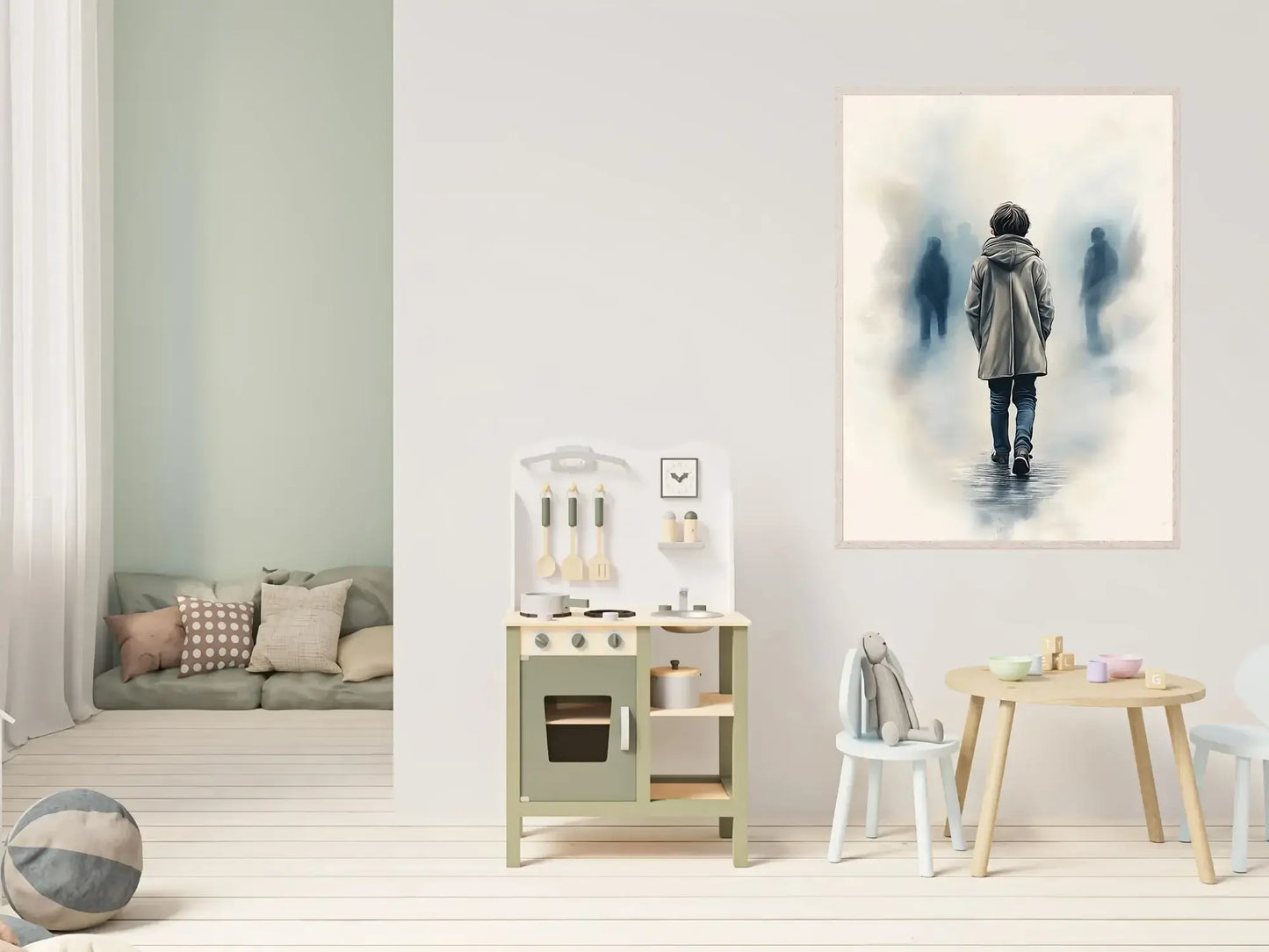 Et steg mot vennskap, en skikkelse går fremover i rom med diffuse former, symboliserer motet til å nærme seg det ukjente. – moderne veggkunst | KBentz.no