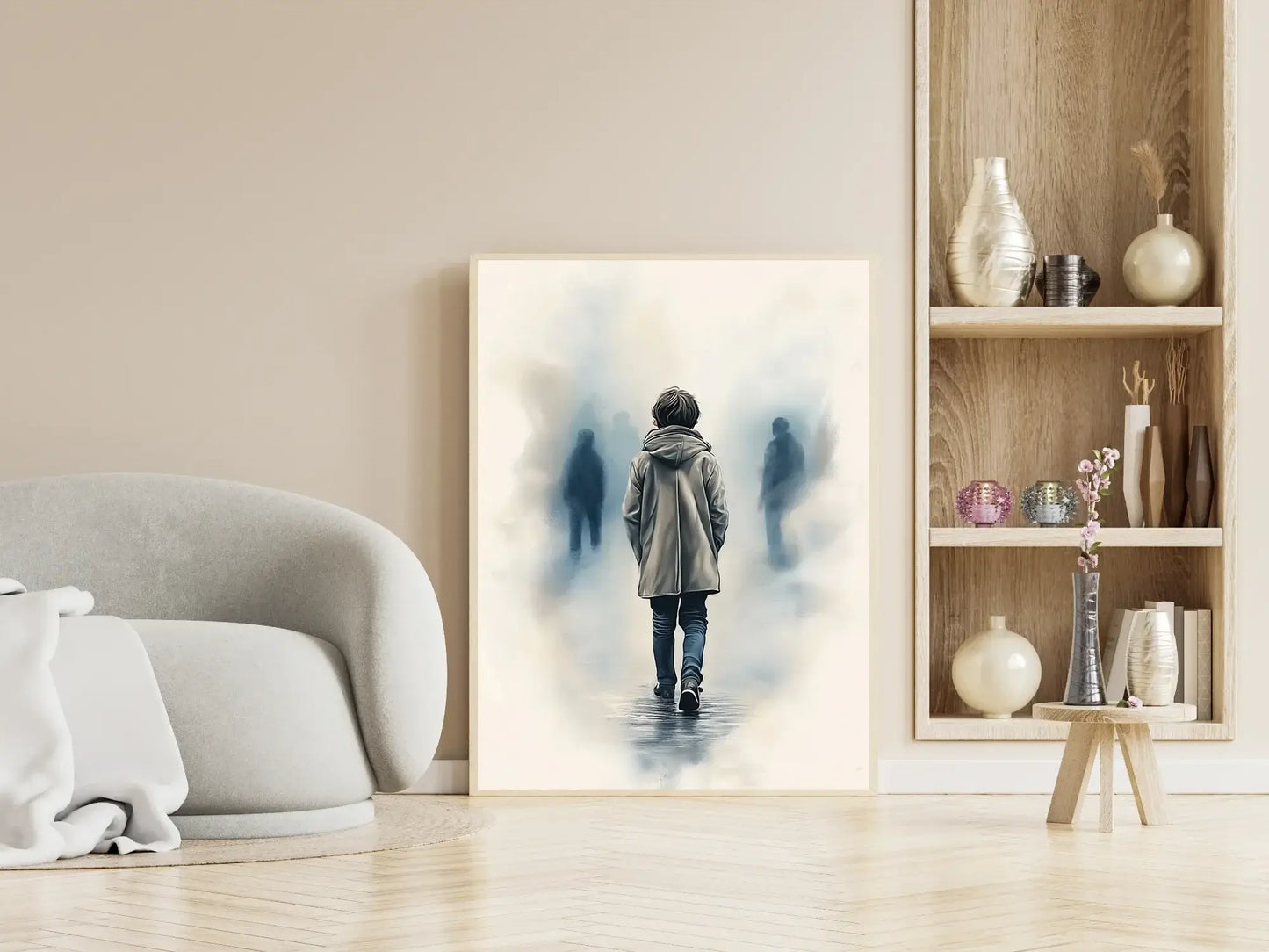 Et steg mot vennskap - en person går mot diffuse figurer i et stille rom. – moderne veggkunst | KBentz.no