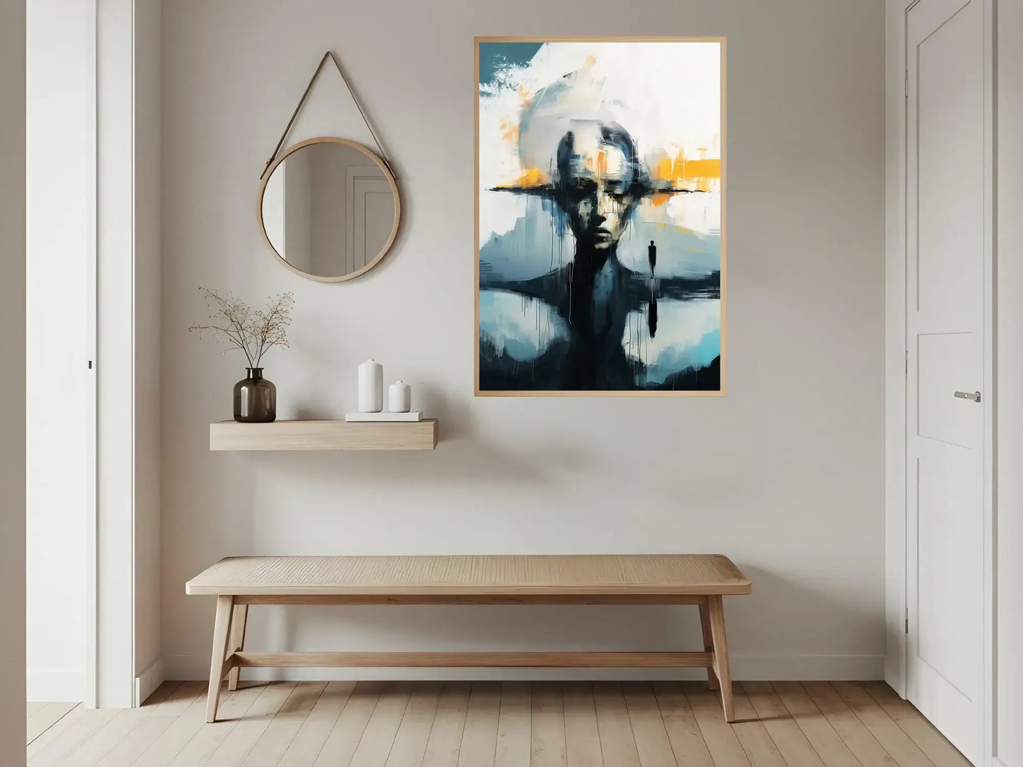 Fragmentert sinn kunstverk i moderne rom med beige benk og speil. – moderne veggkunst | KBentz.no