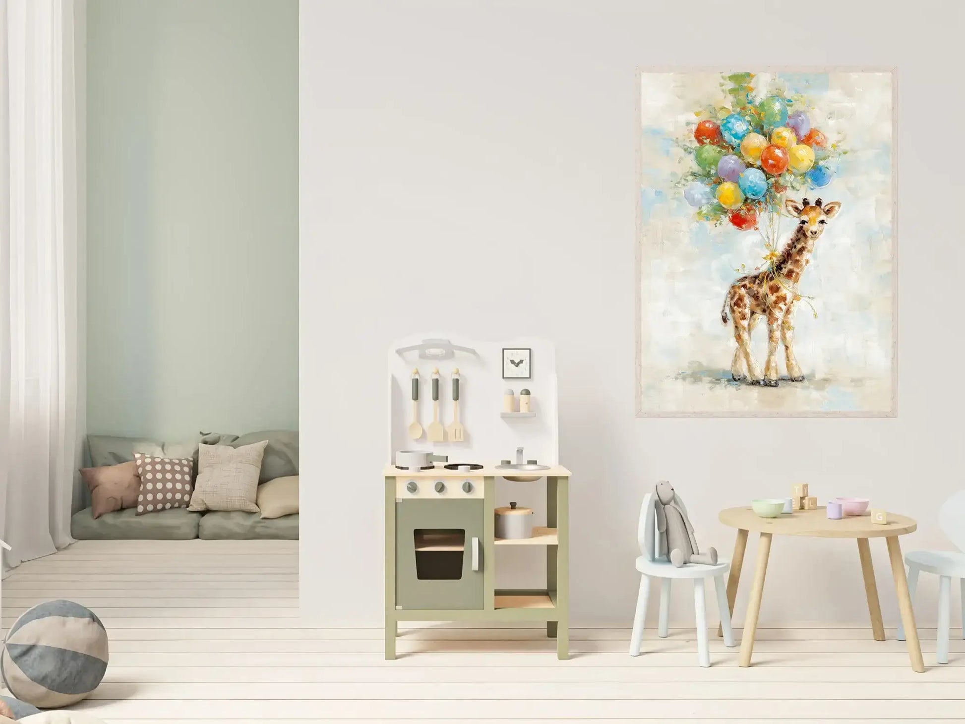 Giraffens Ønske - kunstverk med en giraff som holder ballonger, som gir liv og stemning til rommet.