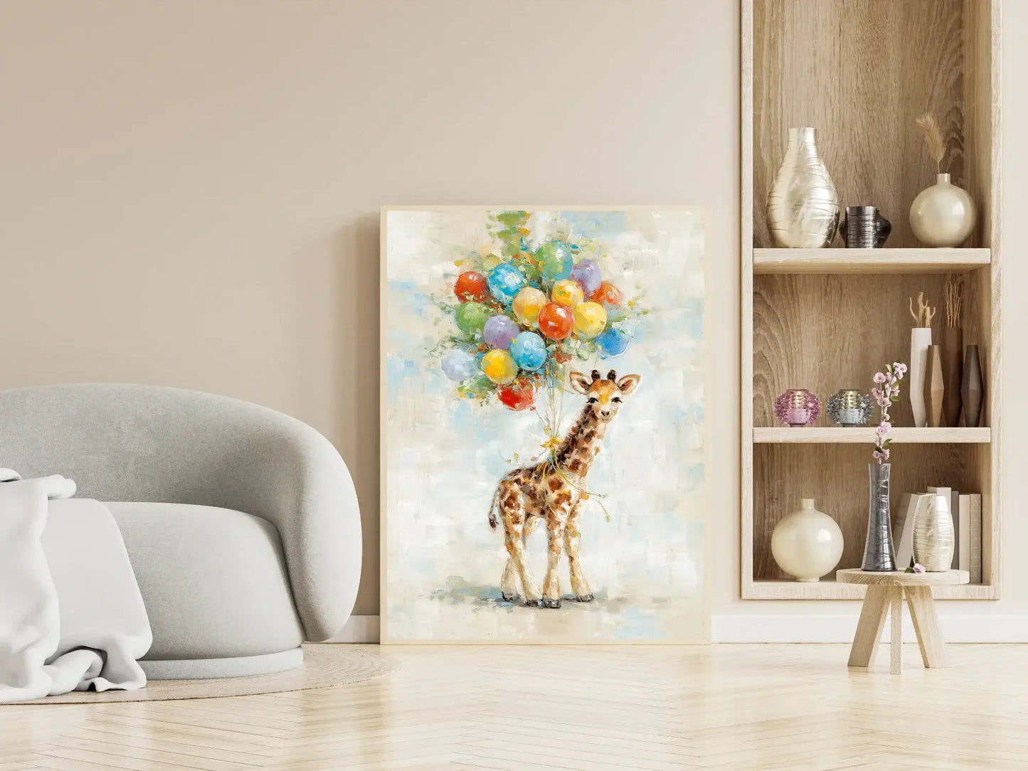 Giraffens Ønske kunstverk av en giraff med ballonger som gir liv til rommet – moderne veggkunst | KBentz.no