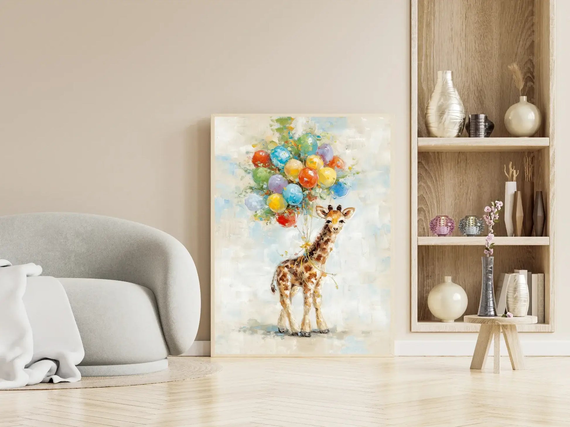 Giraffens Ønske kunstverk av en giraff med ballonger som gir liv til rommet