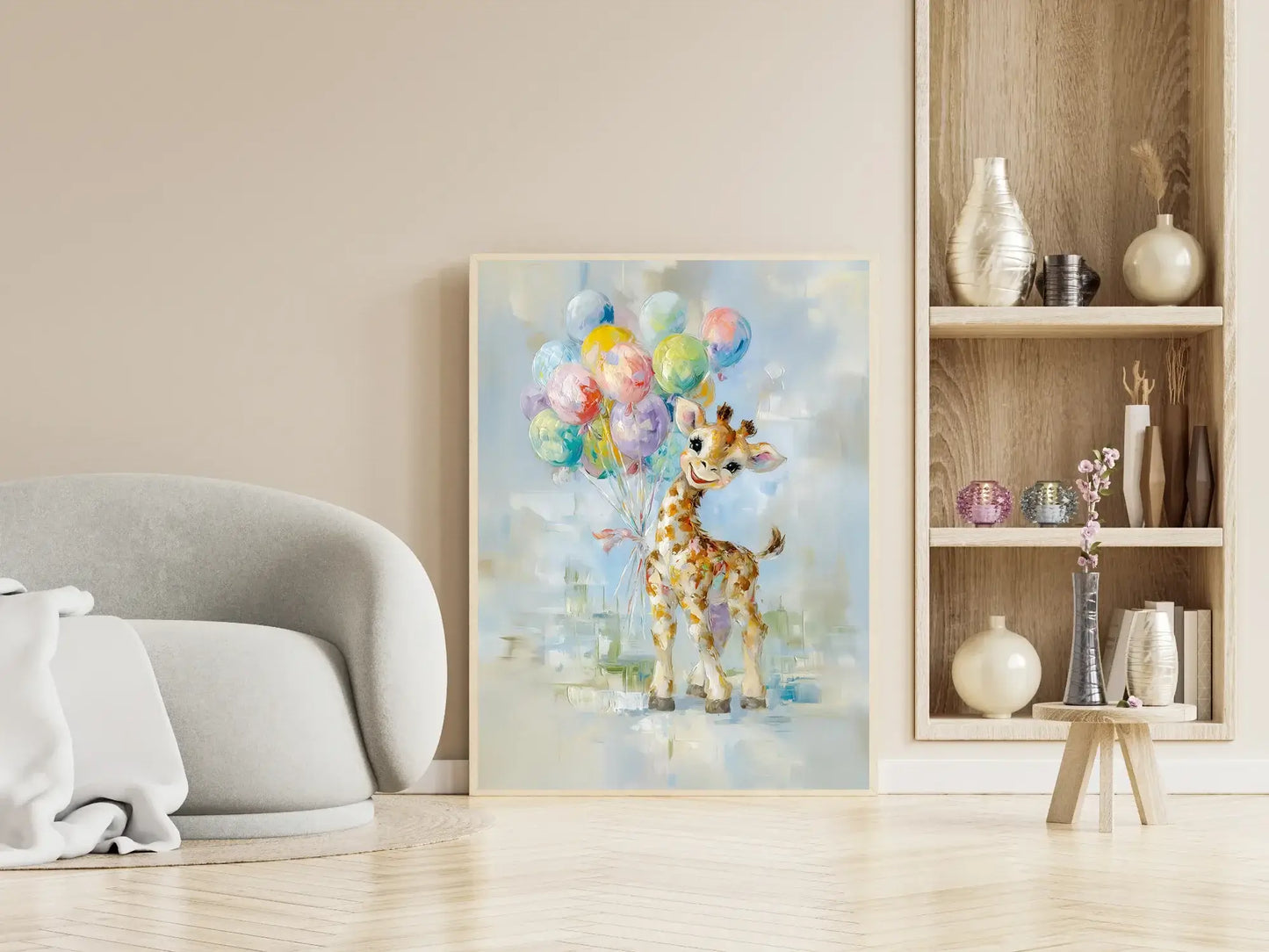Glad giraff - en glad liten giraff som holder fargerike ballonger, plassert i et moderne interiør. – moderne veggkunst | KBentz.no
