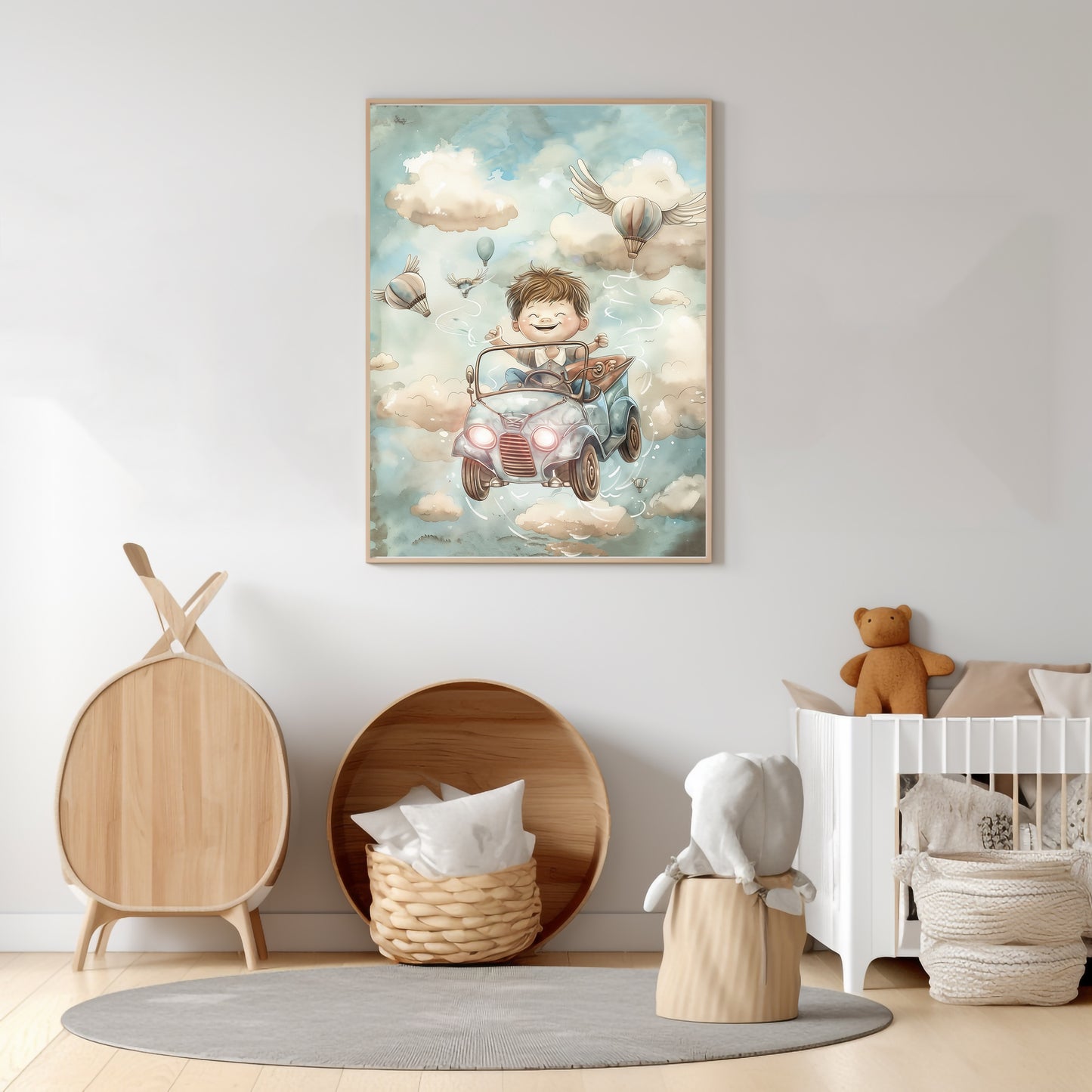 Glad gutt i svevebil – lekent digitalt maleri med oljemalingstekstur – KBentz.no