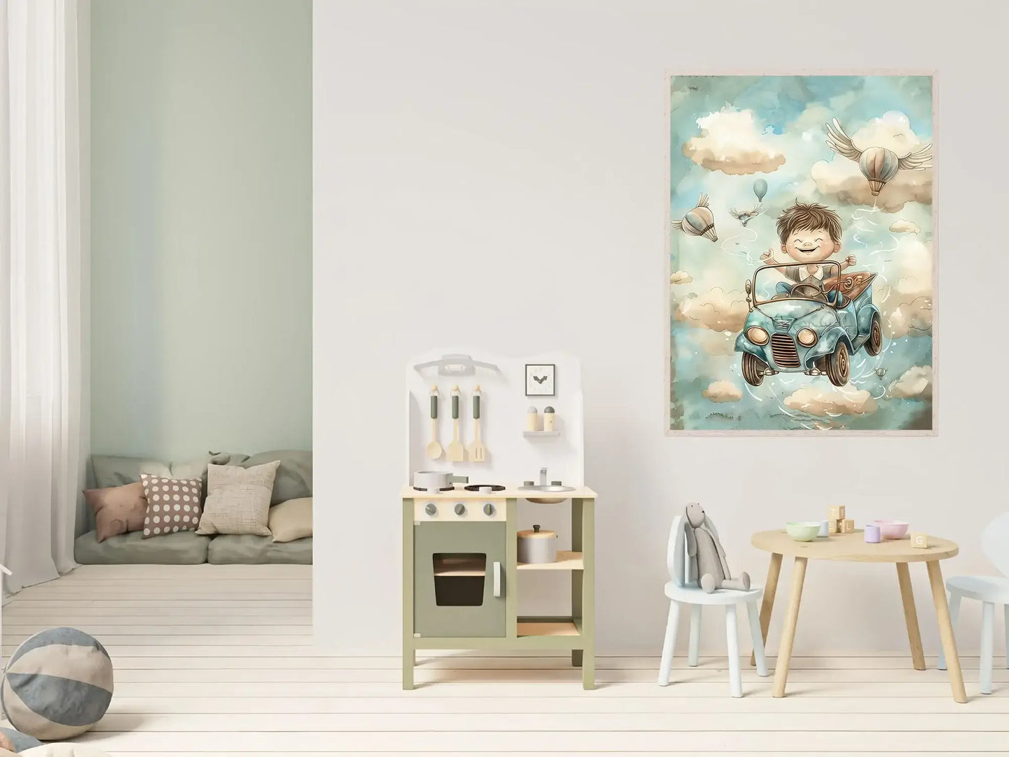 Glad gutt i svevebil – moderne veggkunst | KBentz.no