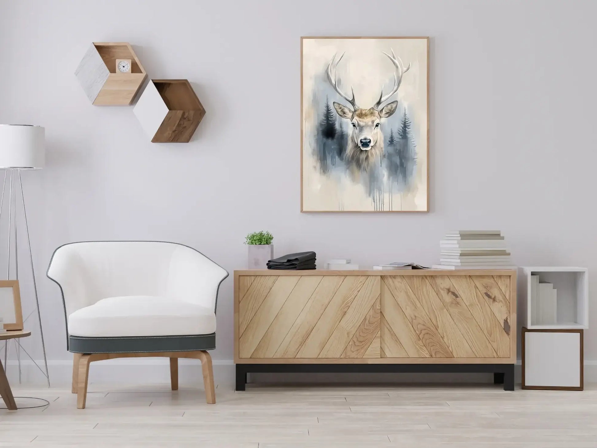 Hjort i tåka – veggkunst som formidler mystikk og ro i stue med moderne design.