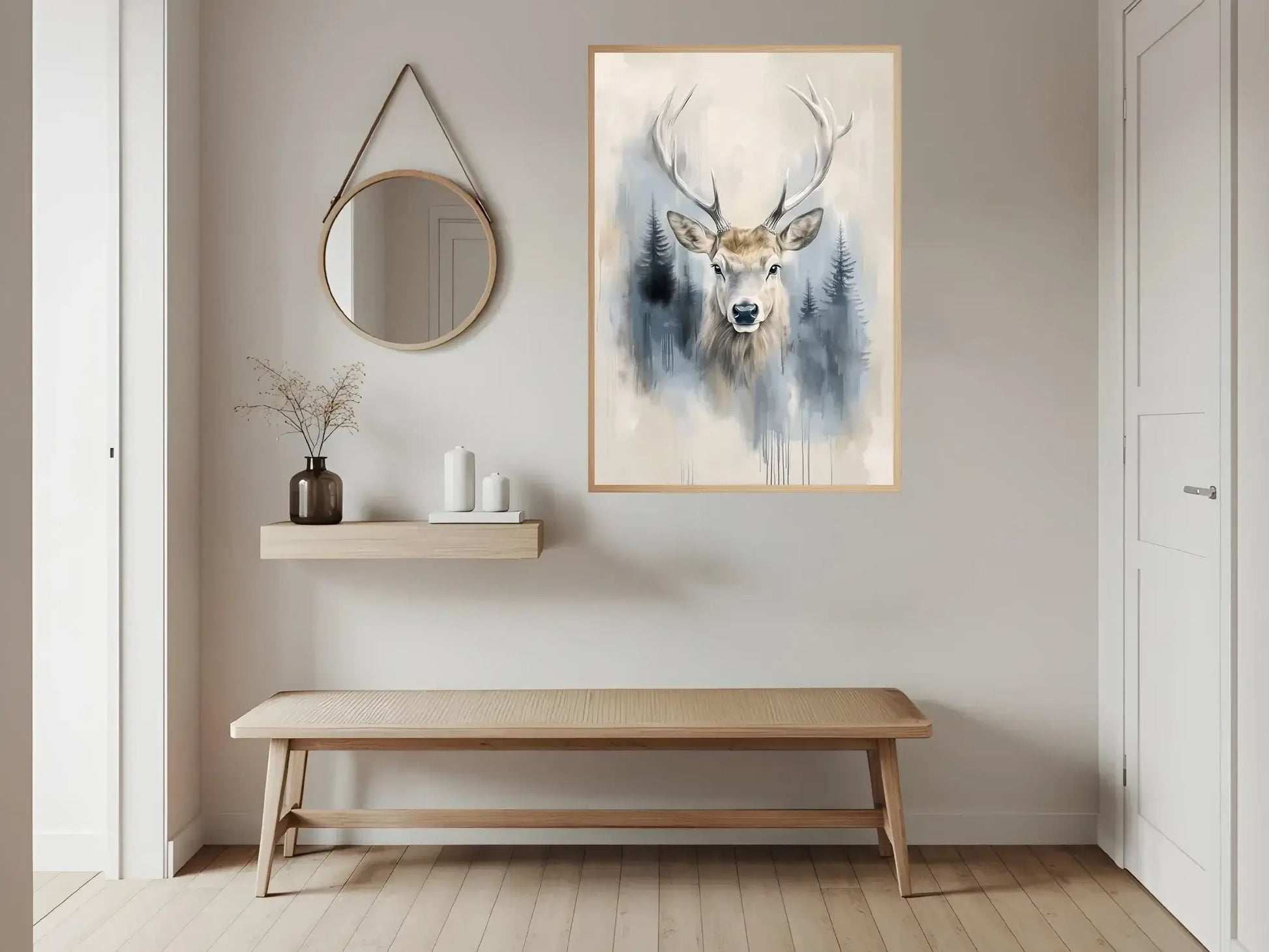 Hjort i tåka – et stille kunstverk som gir rommet mystikk og ro med sine kjølige toner.