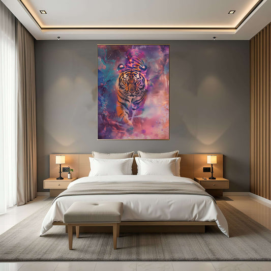 Ildtigeren artwork hanging in a modern bedroom, showcasing a vibrant tiger in digital oil paint.
