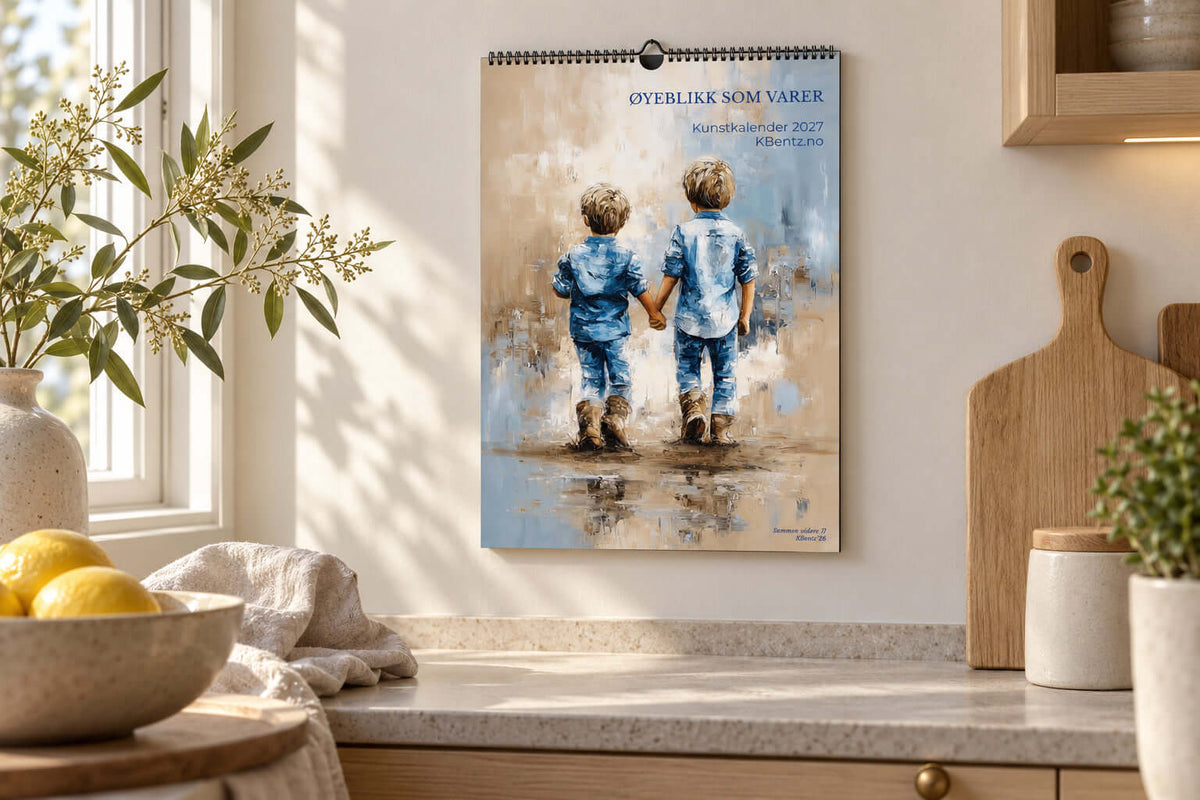 Øyeblikk som varer kunstkalender 2027 henger på veggen, med kunstverk av to barn som holder hender.