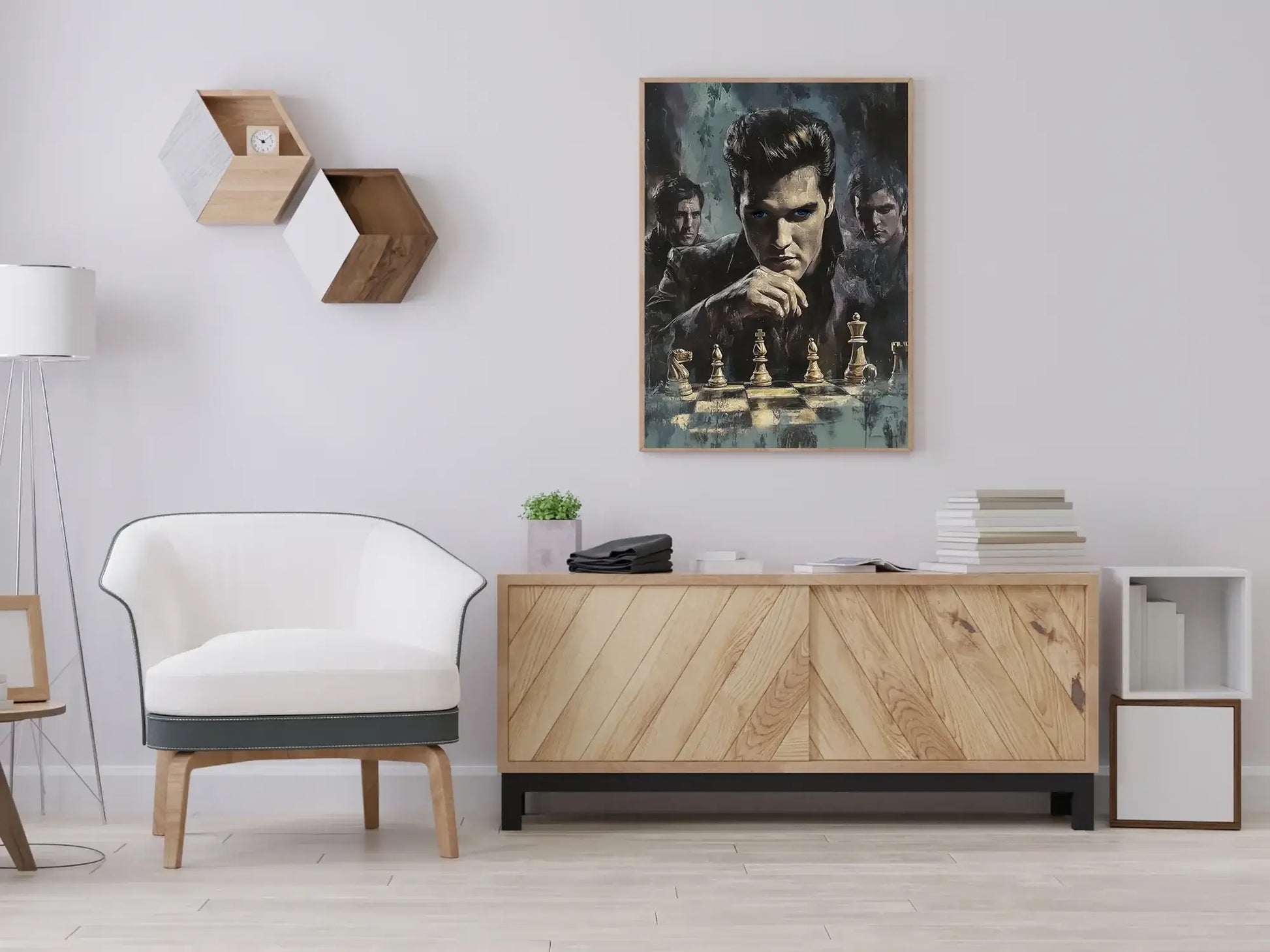 Kongens trekk kunstverk i moderne stue med sjakkmotivet og stilige møbler.