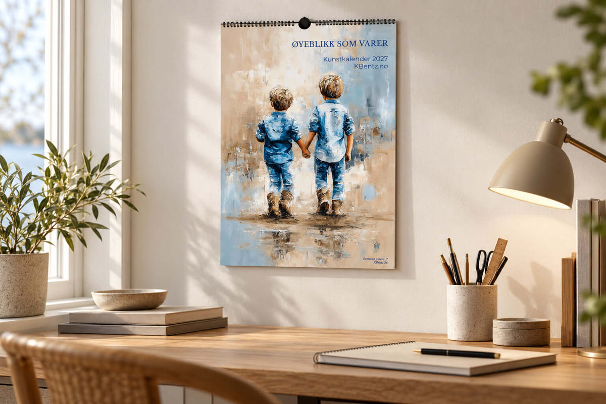 Øyeblikk som varer kunstkalender 2027 henger på veggen over et skrivebord i et lyst rom. – moderne veggkunst | KBentz.no