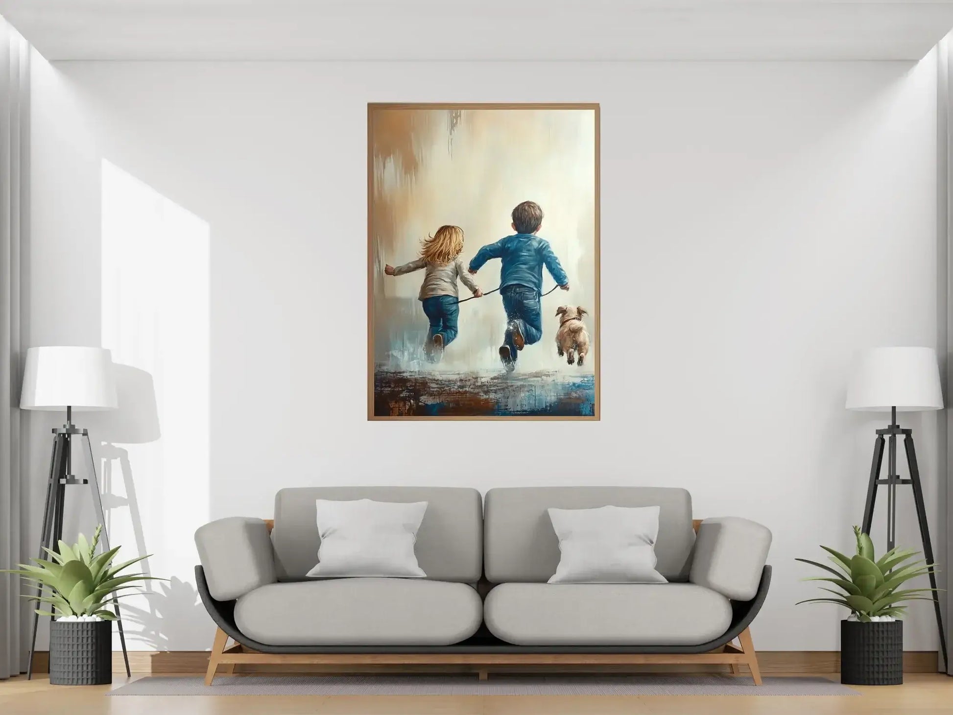 Lykke i fart - barn som løper mot frihet med hund, moderne kunstverk på vegg i koselig stue.