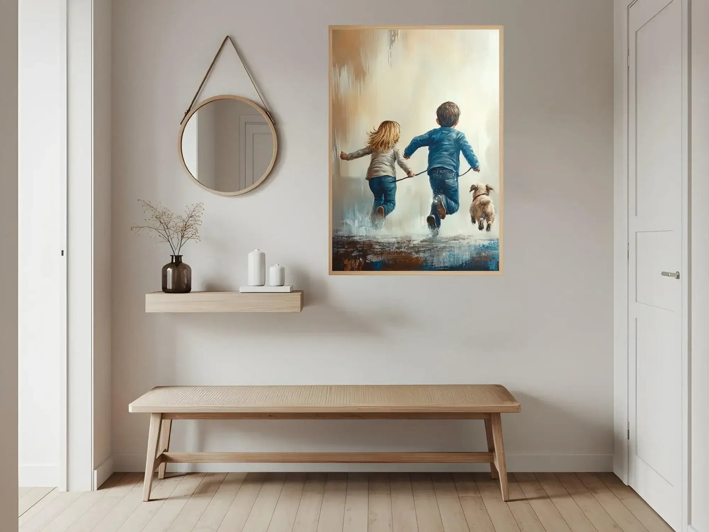 Lykke i fart - Kunstverk med barn i bevegelse, latter og glede, moderne digital maleri i lune farger. – moderne veggkunst | KBentz.no