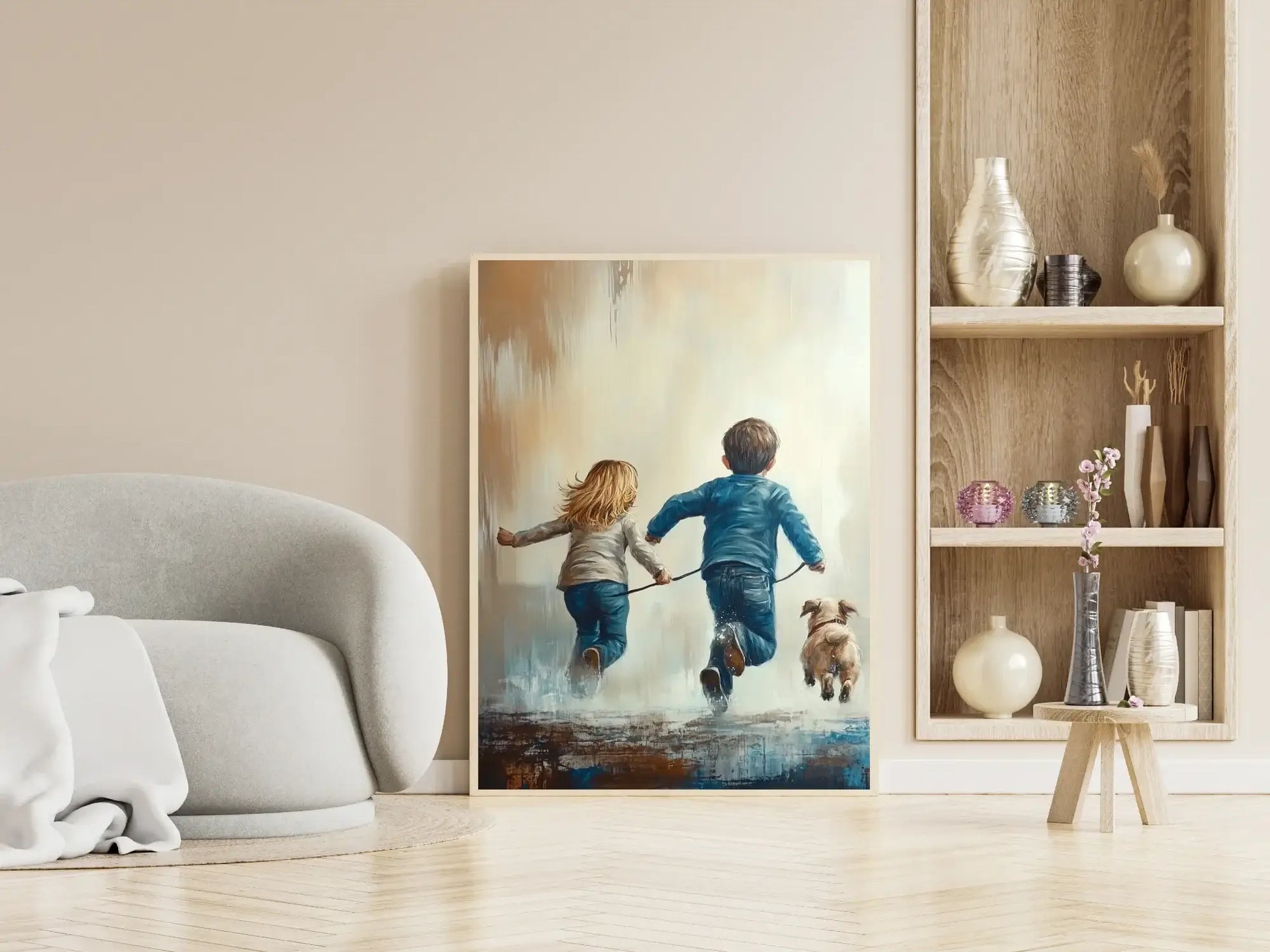 Lykke i fart - barn som løper mot friheten sammen med en hund i et moderne kunstverk.