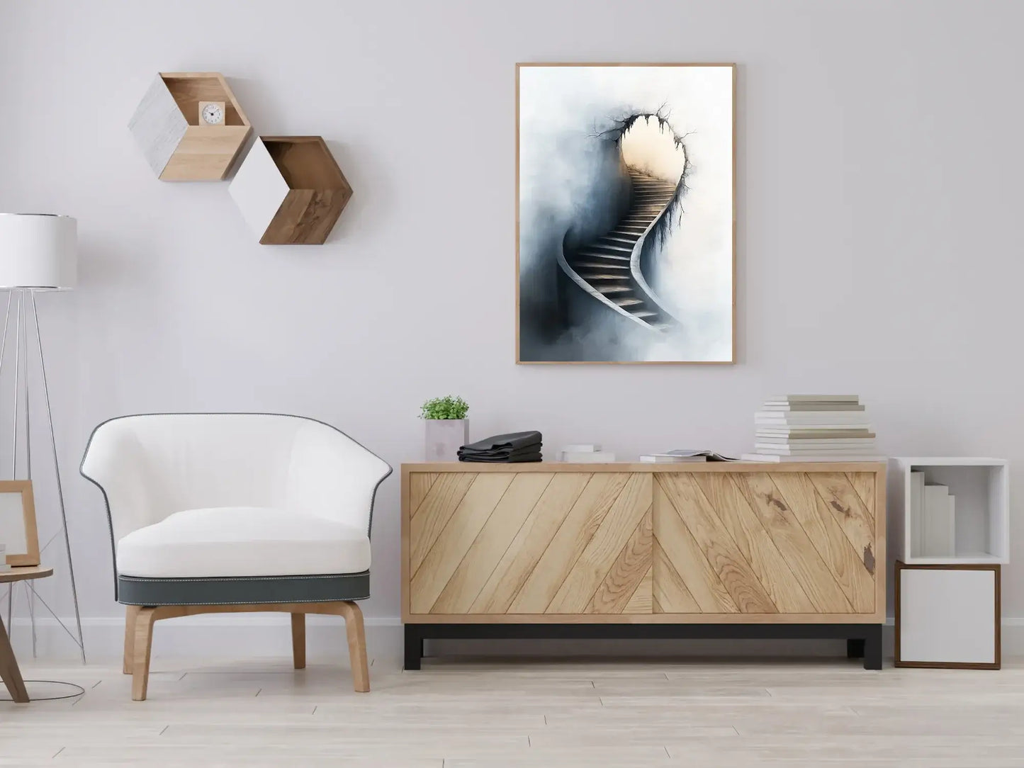 Inspirasjonsbilde av interiør med kunstverket "Når veggen åpner seg" som symboliserer forandring. – moderne veggkunst | KBentz.no