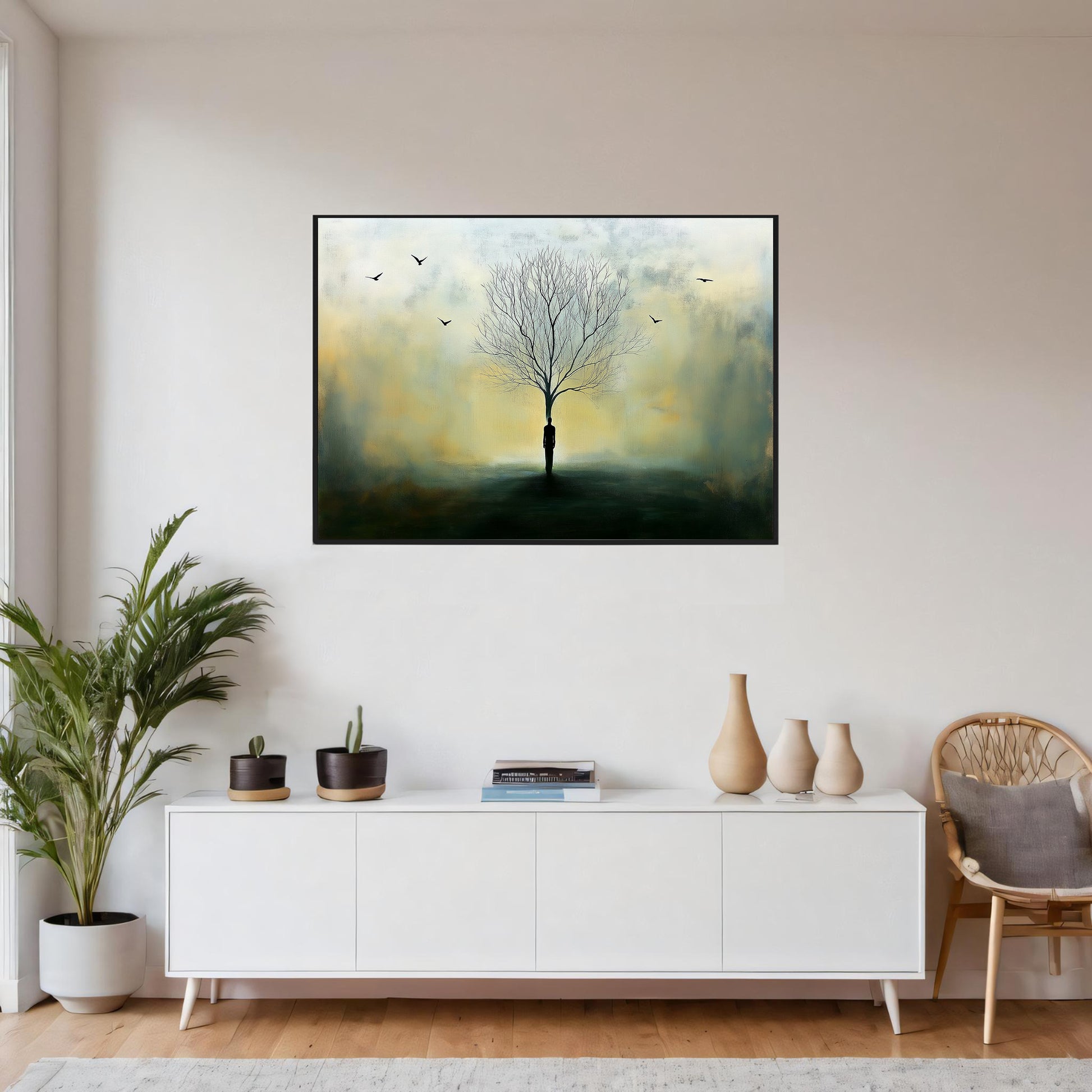 Røtter i ensomhet - kunstverk med tre og fugler, gir varme og dybde til ethvert rom.