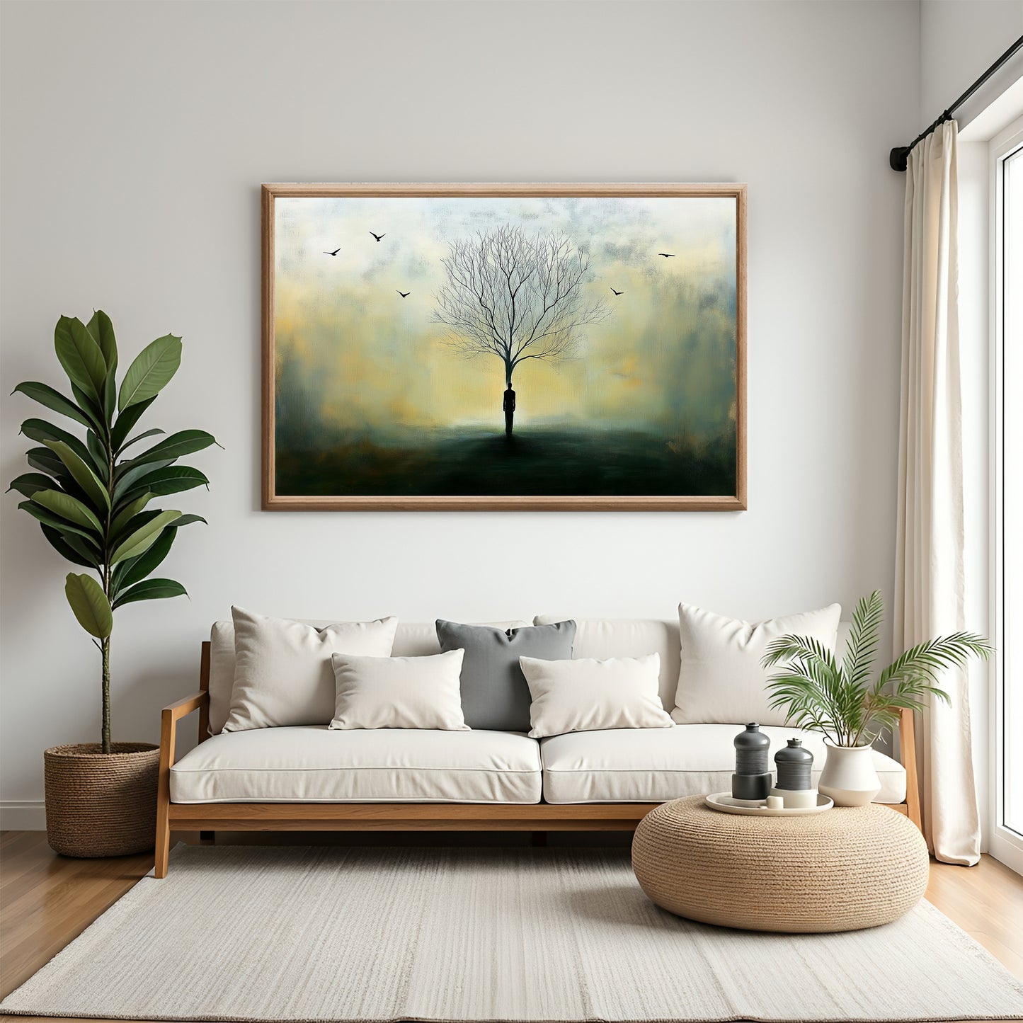 Røtter i ensomhet - kunstverk med en tree silhouette i en moderne stue, omgitt av planter og komfortable møbler. – moderne veggkunst | KBentz.no
