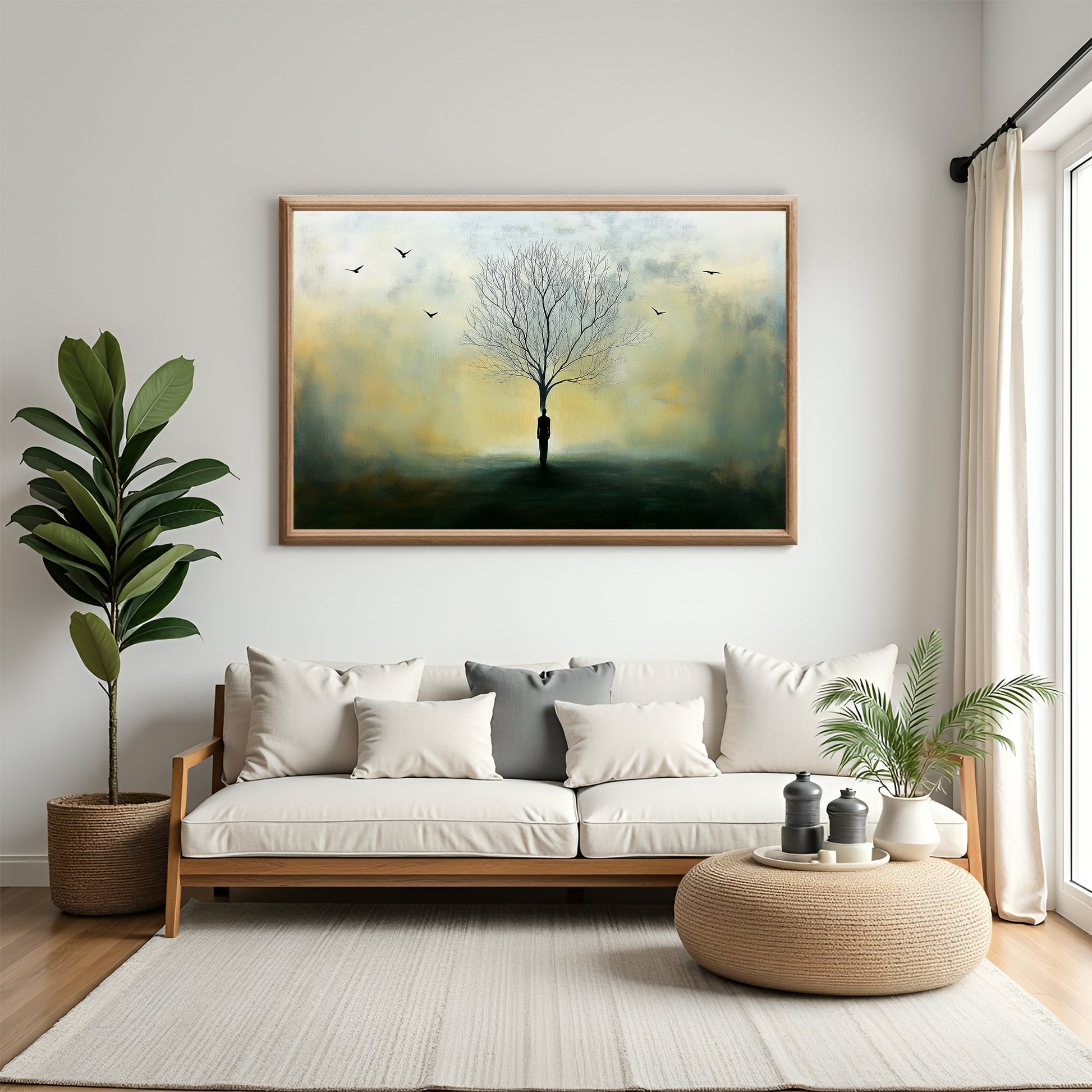 Røtter i ensomhet - kunstverk med en tree silhouette i en moderne stue, omgitt av planter og komfortable møbler.