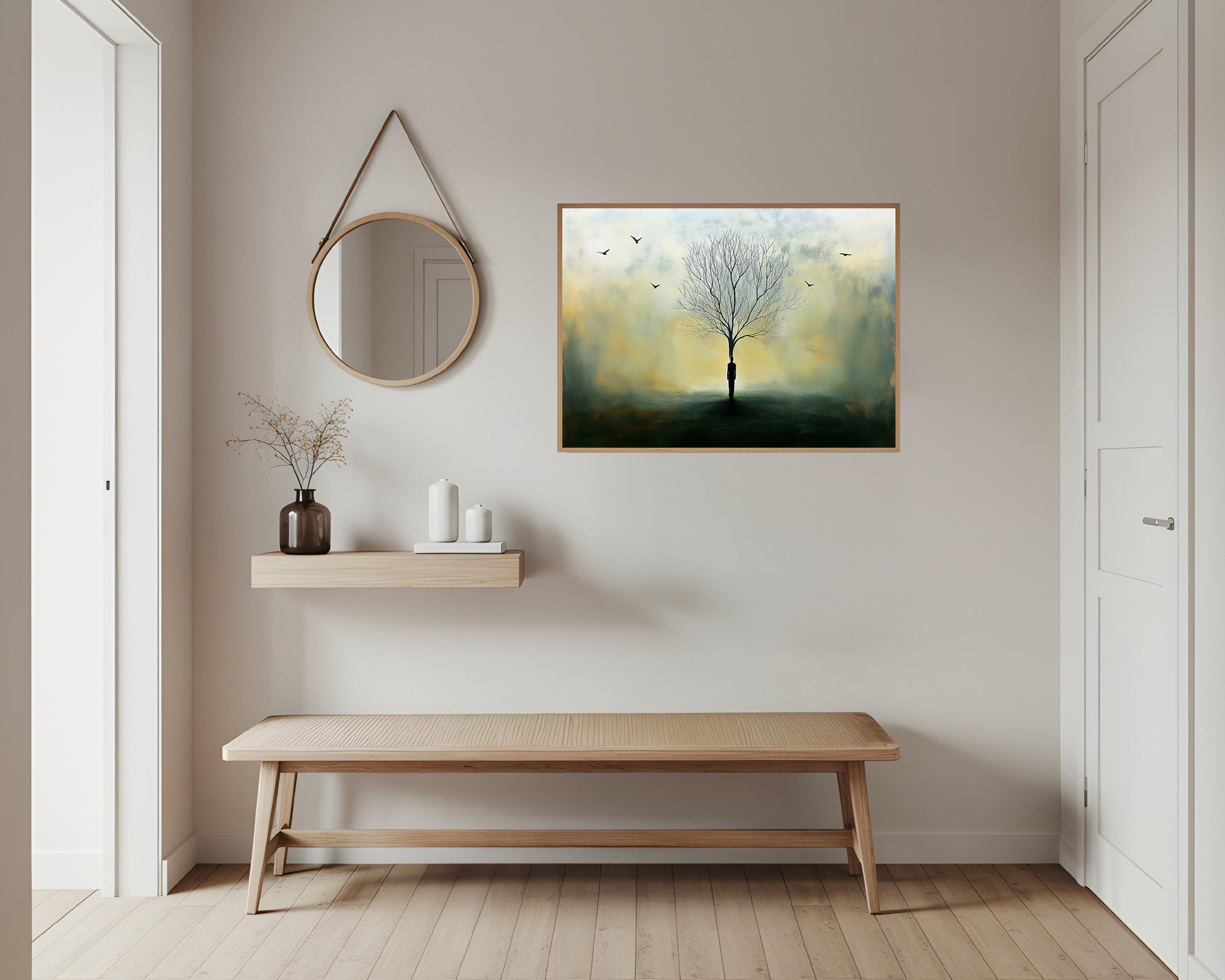 Røtter i ensomhet kunstverk i moderne interiør, med tre og fugler på veggen, skaper en varm atmosfære.