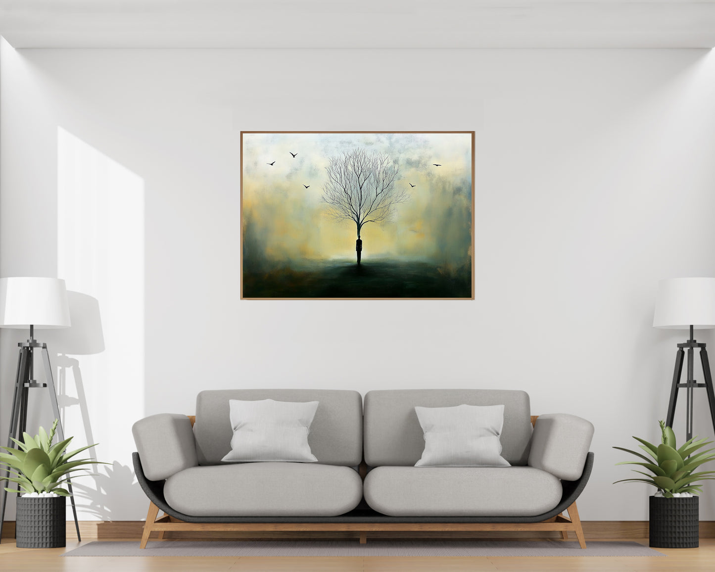 Røtter i ensomhet, et kunstverk med et tre mot en mystisk bakgrunn, perfekt for å løfte rommet. – moderne veggkunst | KBentz.no