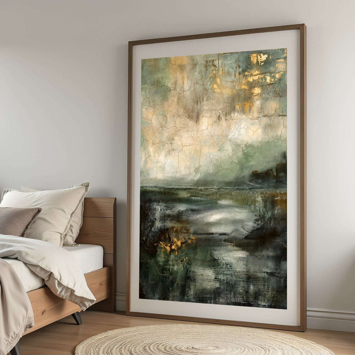 Skogens speil, et kunstverk med skoggrønne toner, gullnyanser og en abstrakt landskapsscene.