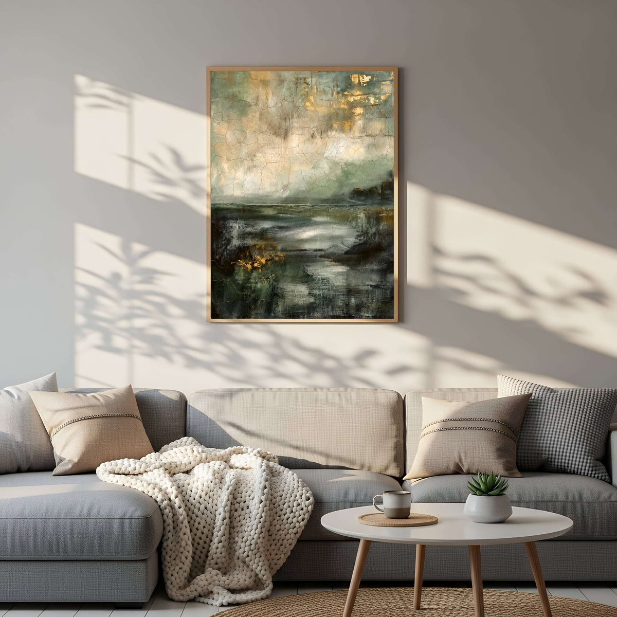 Skogens speil, et elegant veggbilde med skoggrønne toner og gylne detaljer, henger over en sofa.
