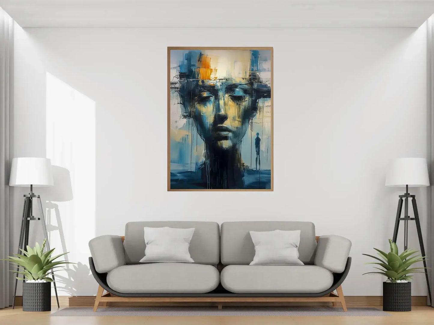 Speil av sjelen kunstverk som løfter rommet med uttrykk, fargeharmoni og dybde, plassert over en moderne sofa. – moderne veggkunst | KBentz.no