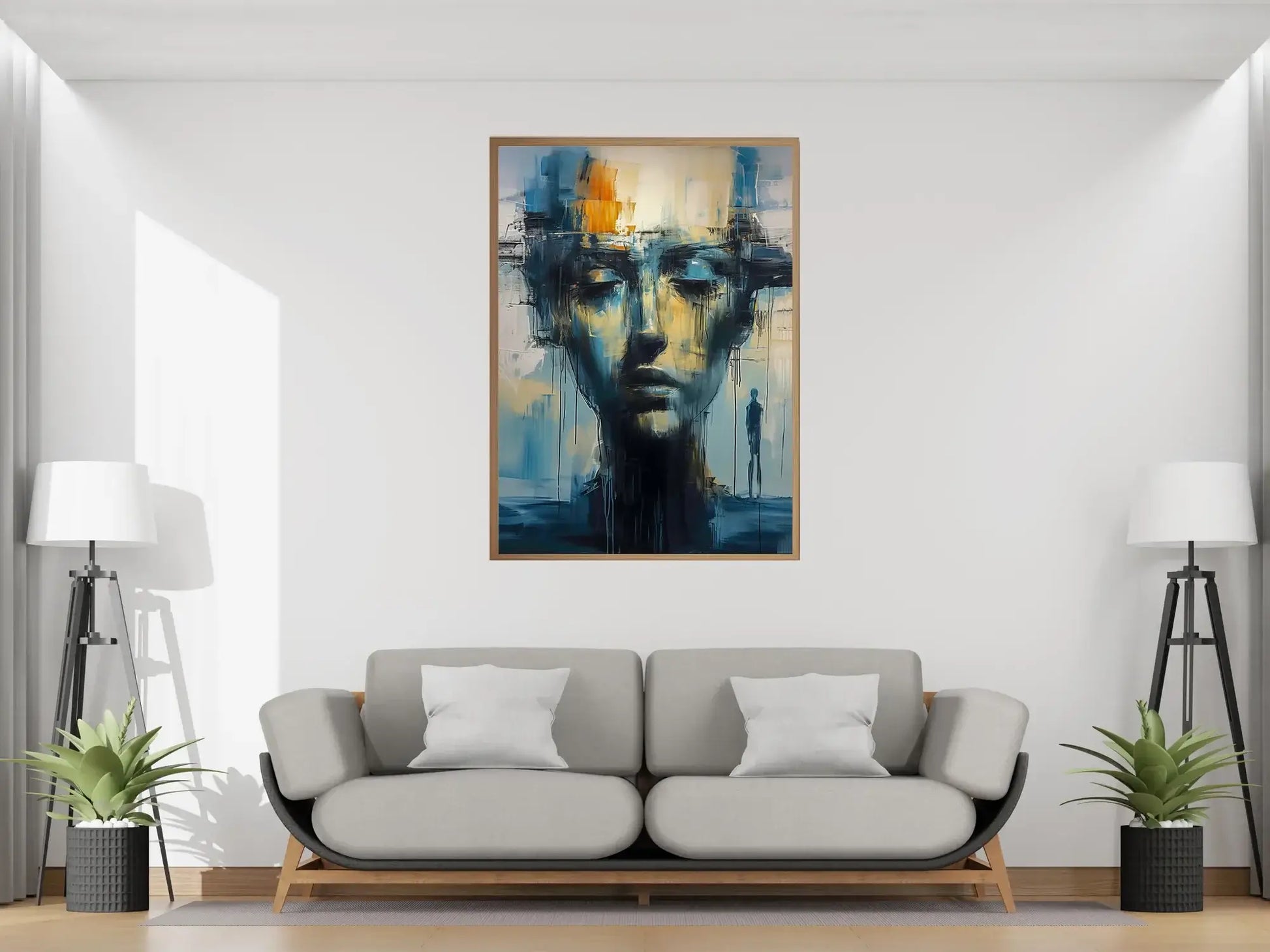 Speil av sjelen kunstverk som løfter rommet med uttrykk, fargeharmoni og dybde, plassert over en moderne sofa.