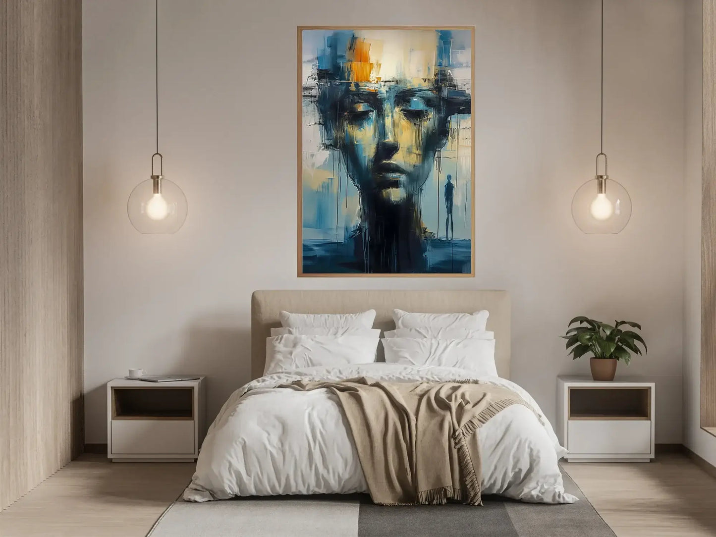 Speil av sjelen i et moderne rom med en seng og stilige lamper, som tilfører farge og kunstnerisk uttrykk. – moderne veggkunst | KBentz.no