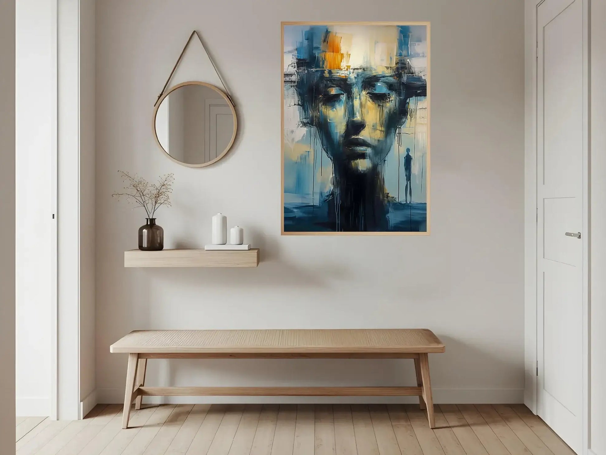 Speil av sjelen - kunstverk med uttrykk og fargeharmoni i stue med benk og speil.