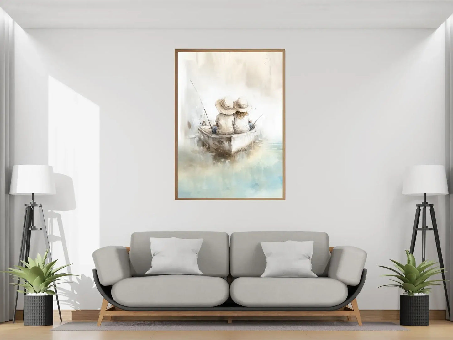 Stillhet på vannet - moderne veggkunst med to figurer i båt, myke blåtoner og lun atmosfære. – moderne veggkunst | KBentz.no