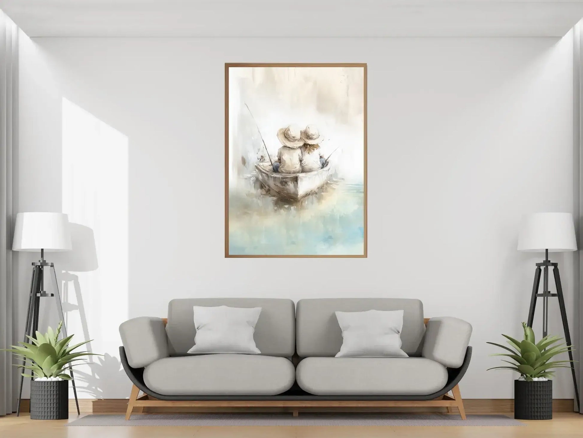 Stillhet på vannet - moderne veggkunst med to figurer i båt, myke blåtoner og lun atmosfære.