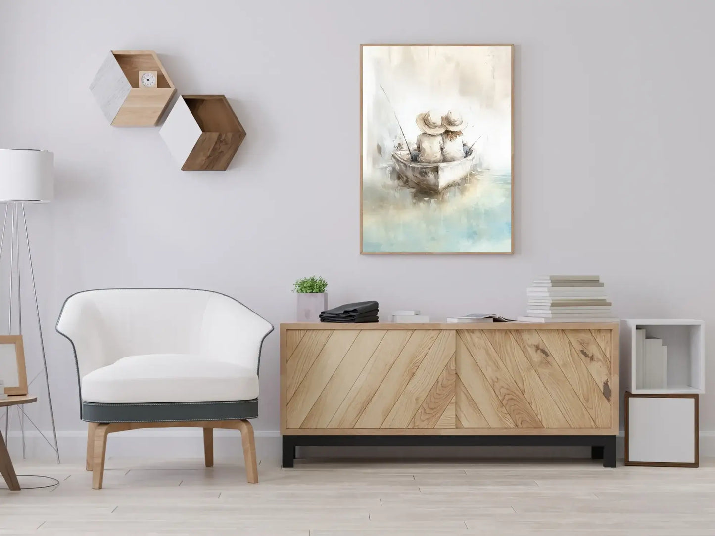 Stillhet på vannet – moderne veggkunst med to figurer i båt som symboliserer nærhet og ro – moderne veggkunst | KBentz.no
