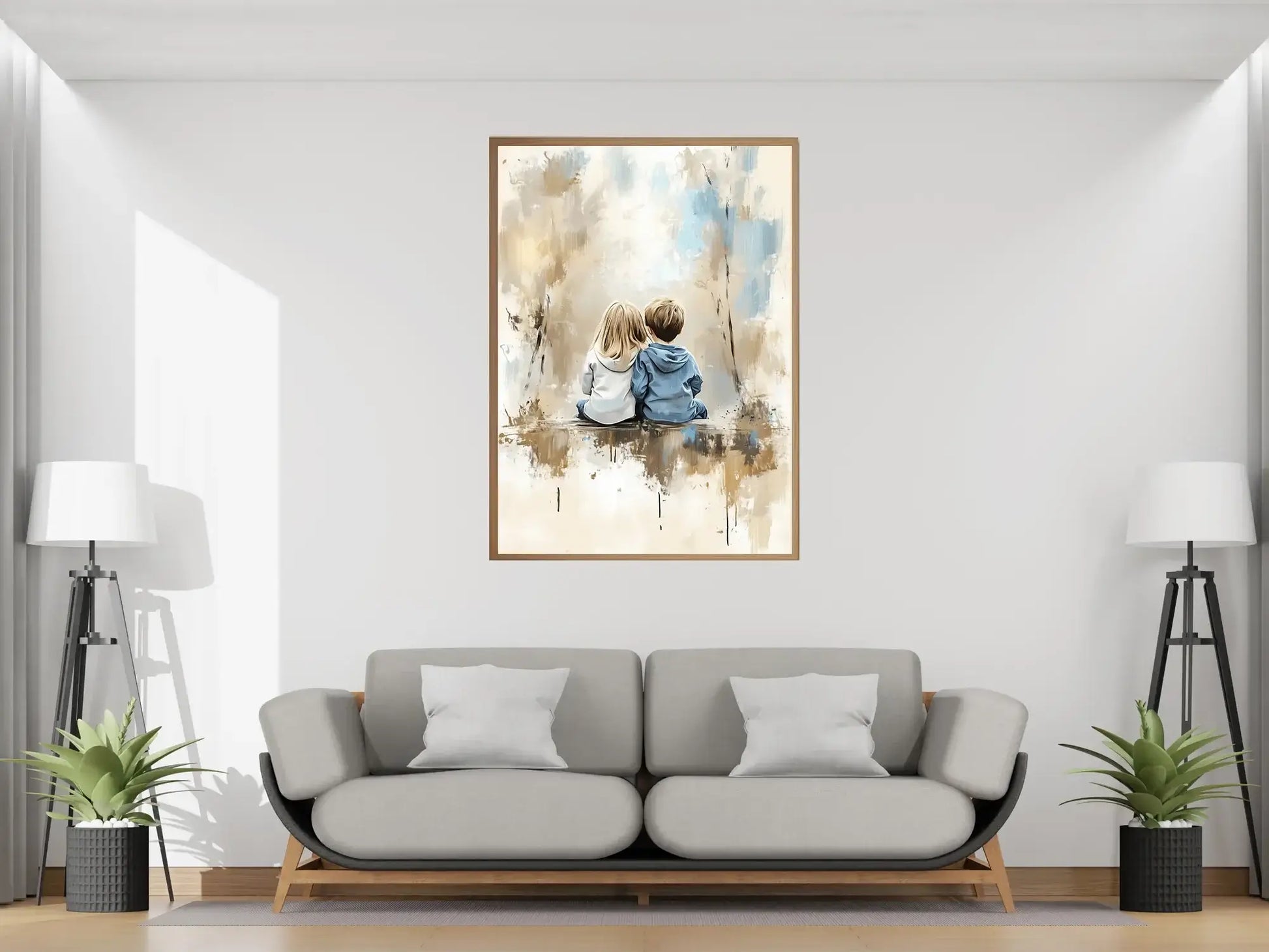 To som hører sammen - kunstverk av to barn som sitter tett sammen i et varmt, poetisk rom.