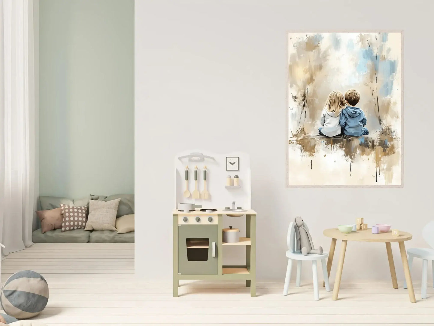 To som hører sammen - kunstverk av to barn som sitter sammen i et lyst rom med dempede jordtoner. – moderne veggkunst | KBentz.no