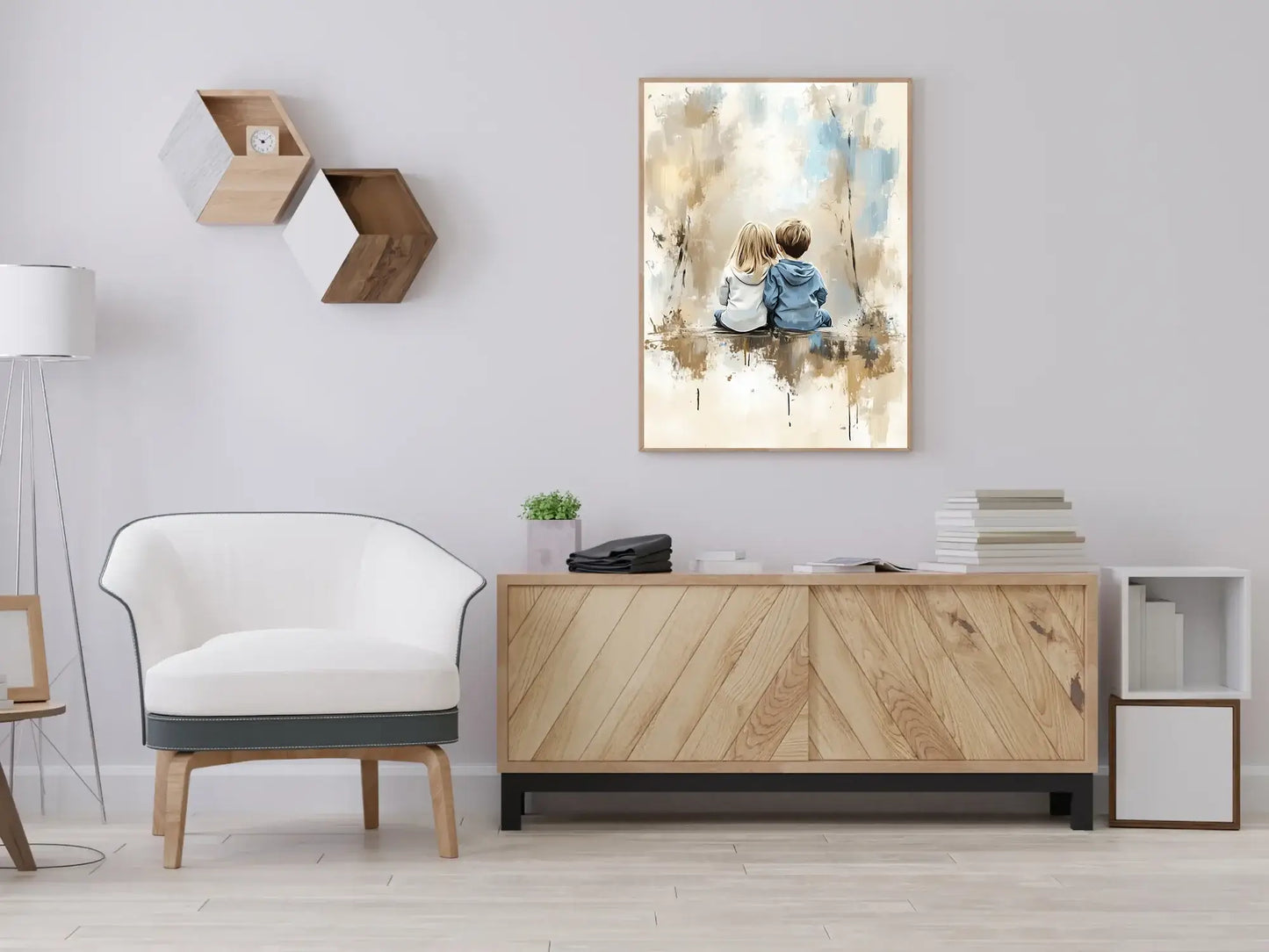 To som hører sammen - kunstverk av to barn som sitter sammen på en vegg i et moderne rom. – moderne veggkunst | KBentz.no
