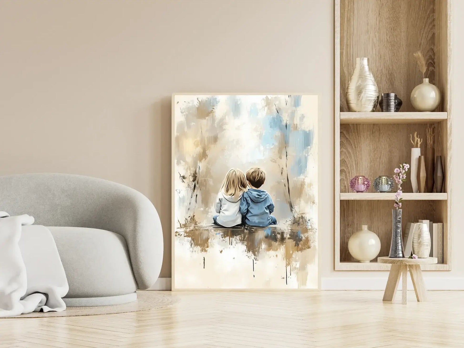 To som hører sammen - kunstverk som viser to barn som sitter nært, symboliserer nærhet og varme.