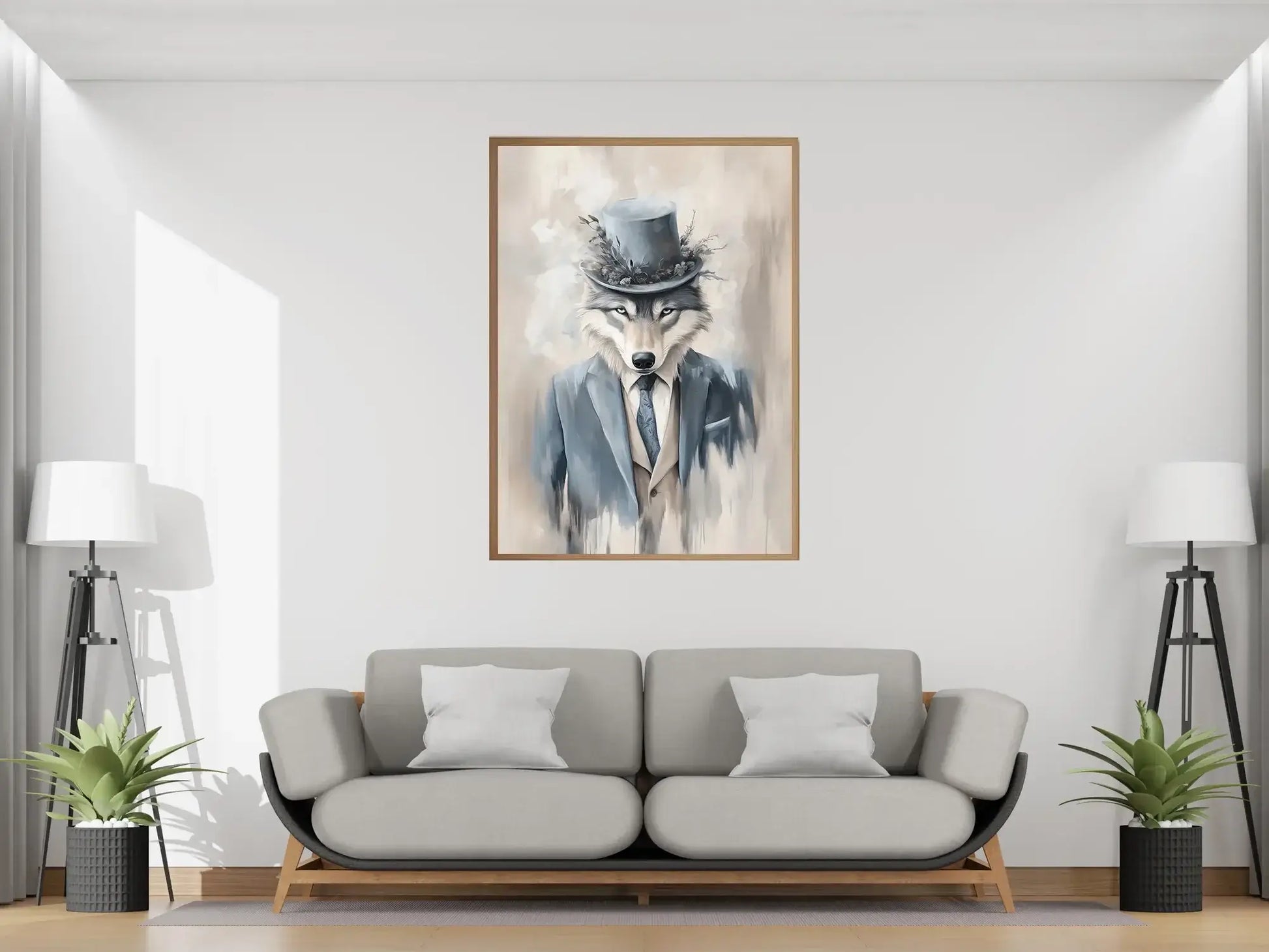 Ulv med stil – moderne dyrekunst med sofistikert uttrykk i stue med sofa og planter