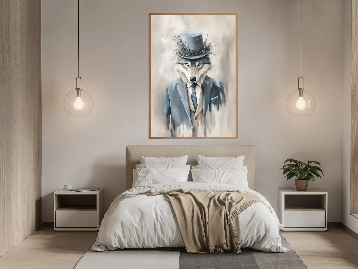 Ulv med stil – moderne dyrekunst med menneskelige trekk i et elegant rom. – moderne veggkunst | KBentz.no