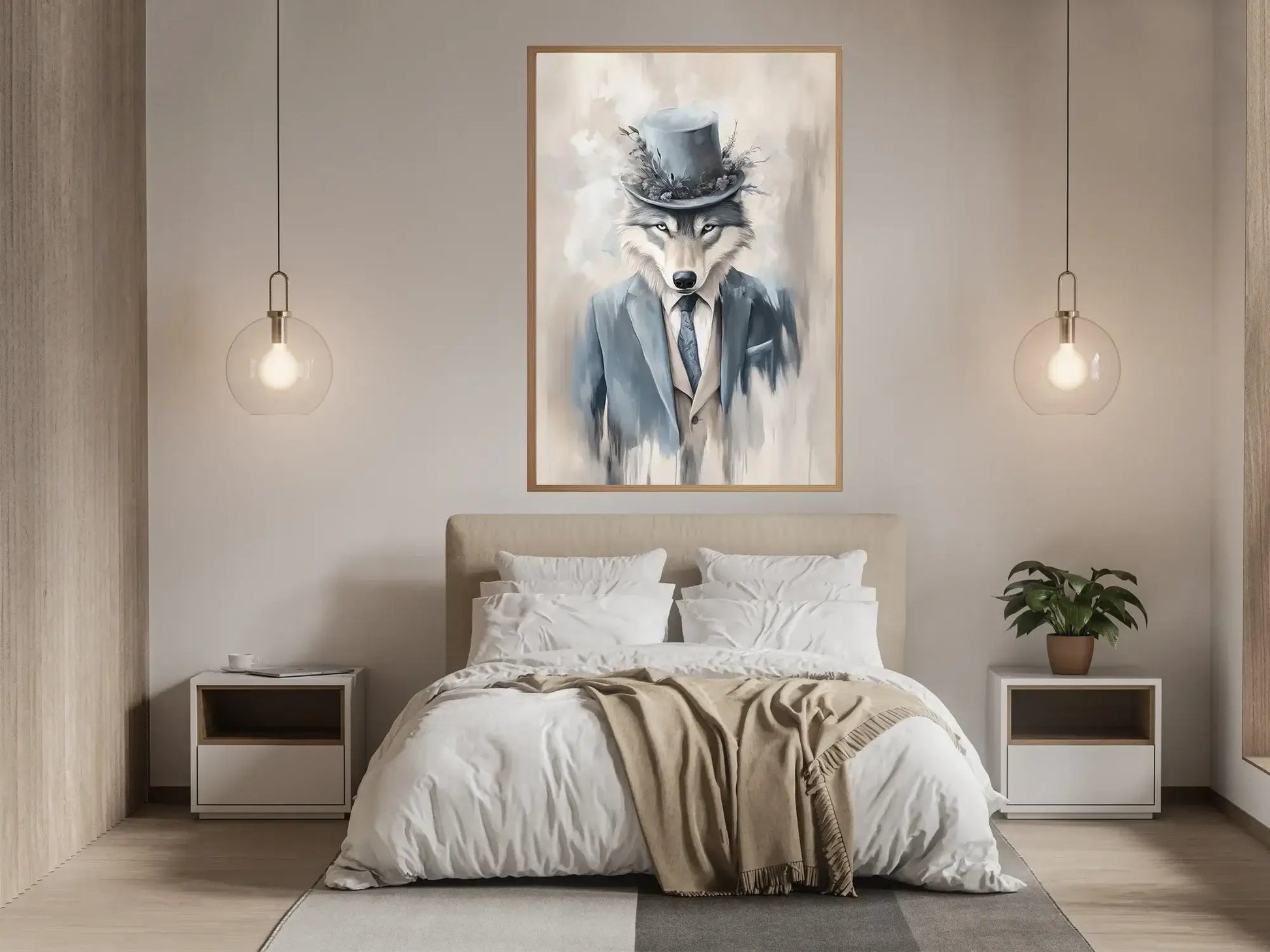 Ulv med stil – moderne dyrekunst med menneskelige trekk i et elegant rom.