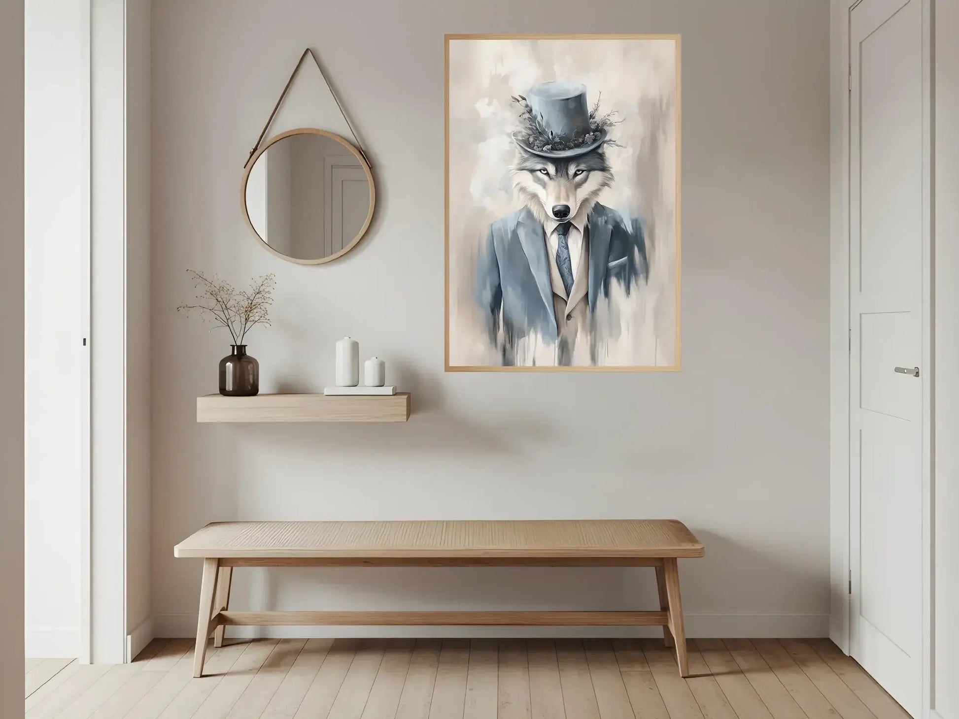Ulv med stil – moderne kunstverk av ulv i dress med hatt, perfekt for elegant interiørdesign.