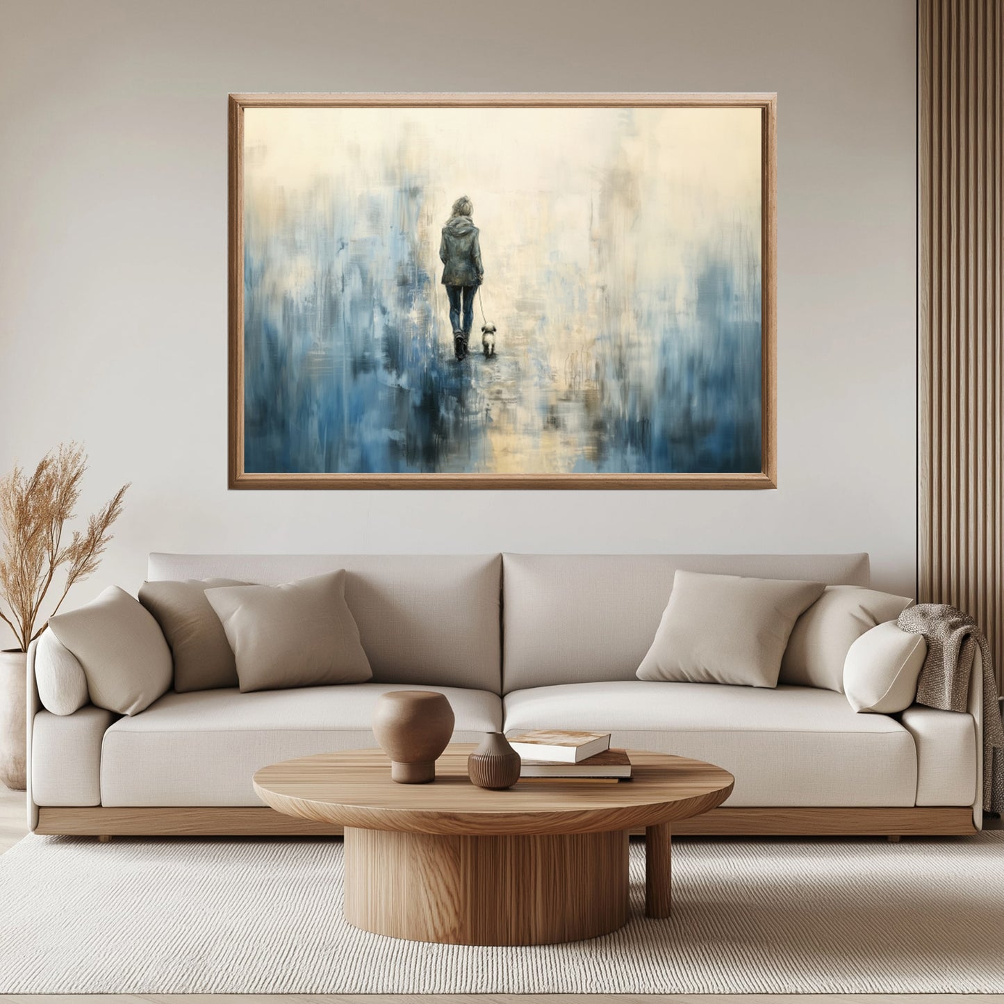 Usynlige bånd - kunstverk med en person og hund i et moderne interiør, fargeharmony og tekstur. – moderne veggkunst | KBentz.no