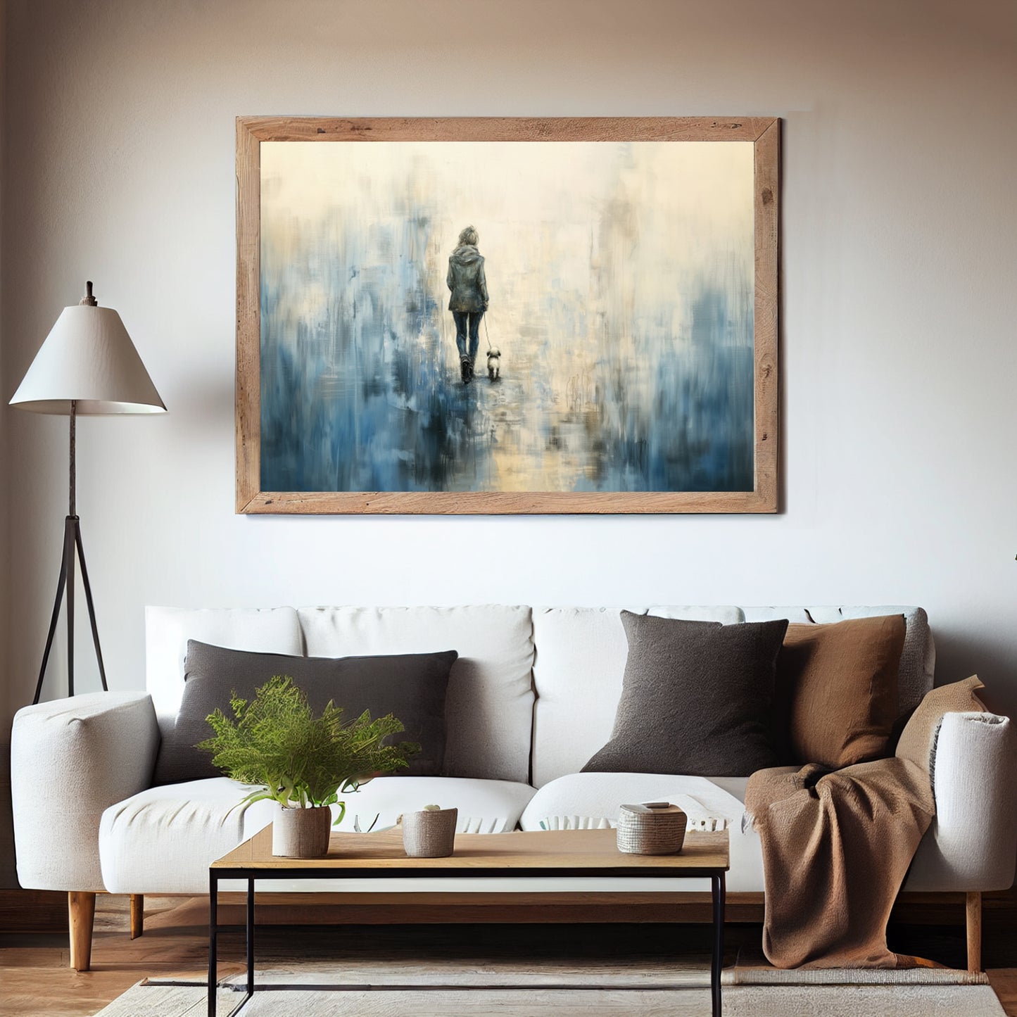 Usynlige bånd kunstverk med ensom figur og hund i blå toner, perfekt for moderne interiørdesign. – moderne veggkunst | KBentz.no